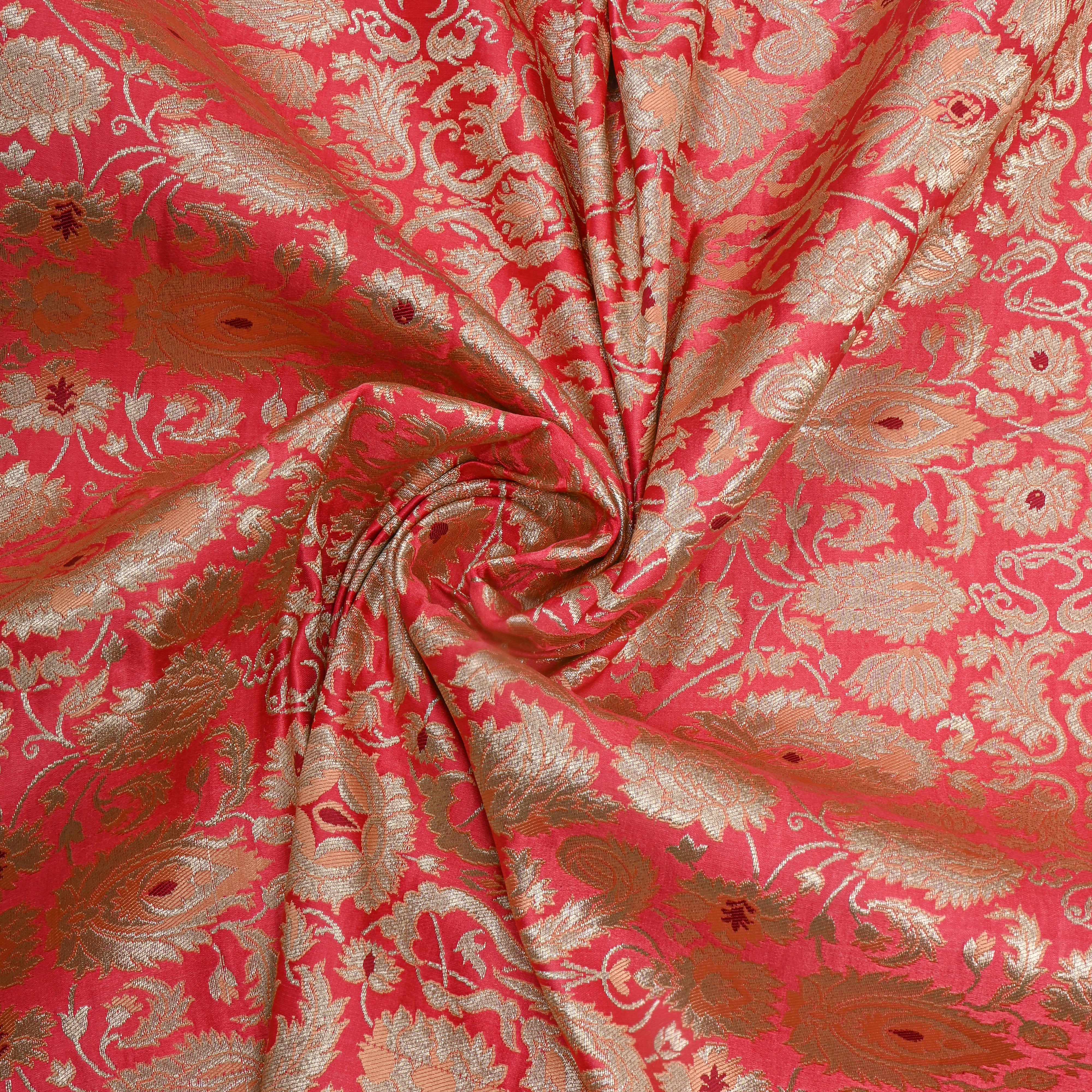 Coral Pink Gold Jamawar Floral Silk Fabric