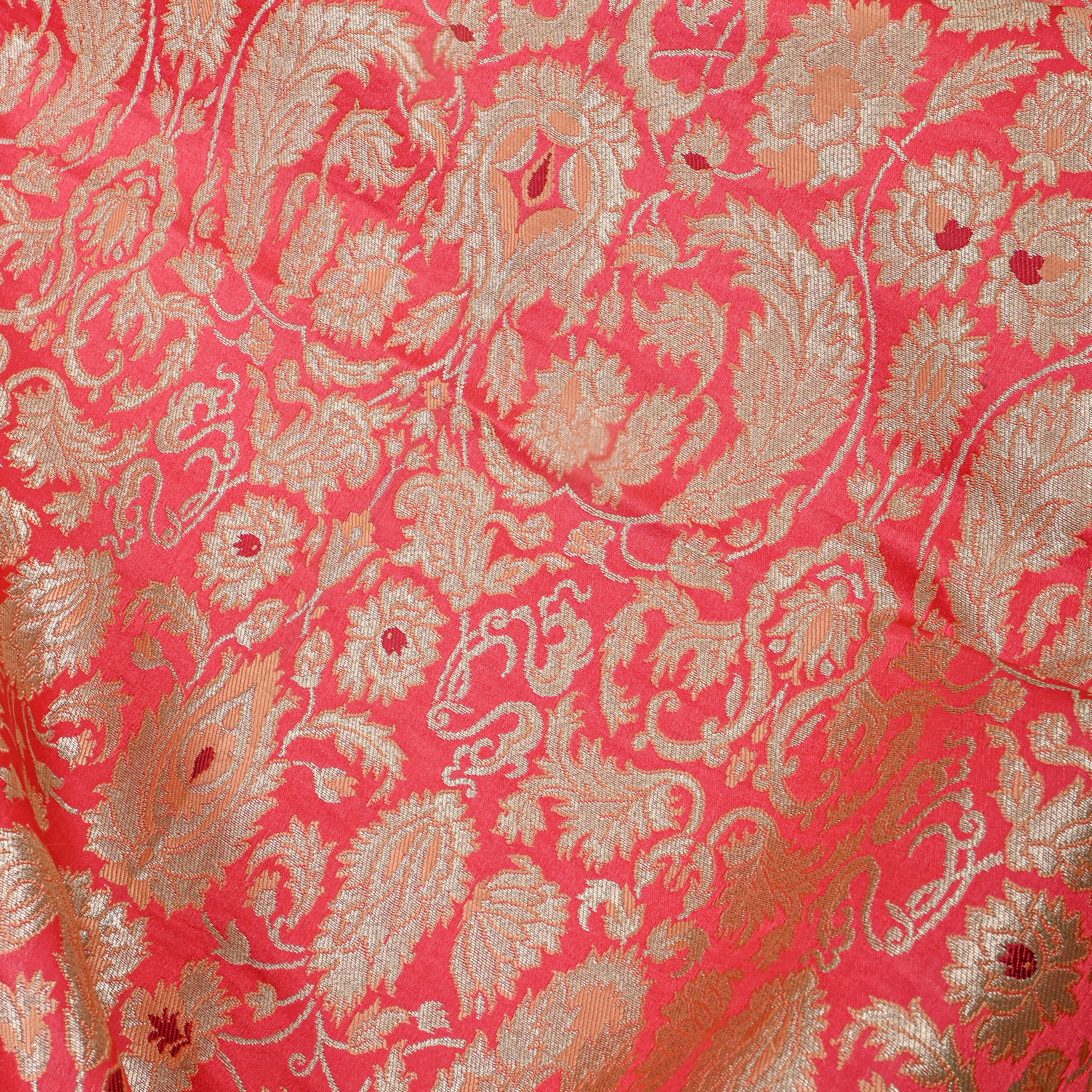 Coral Pink Gold Jamawar Floral Silk Fabric
