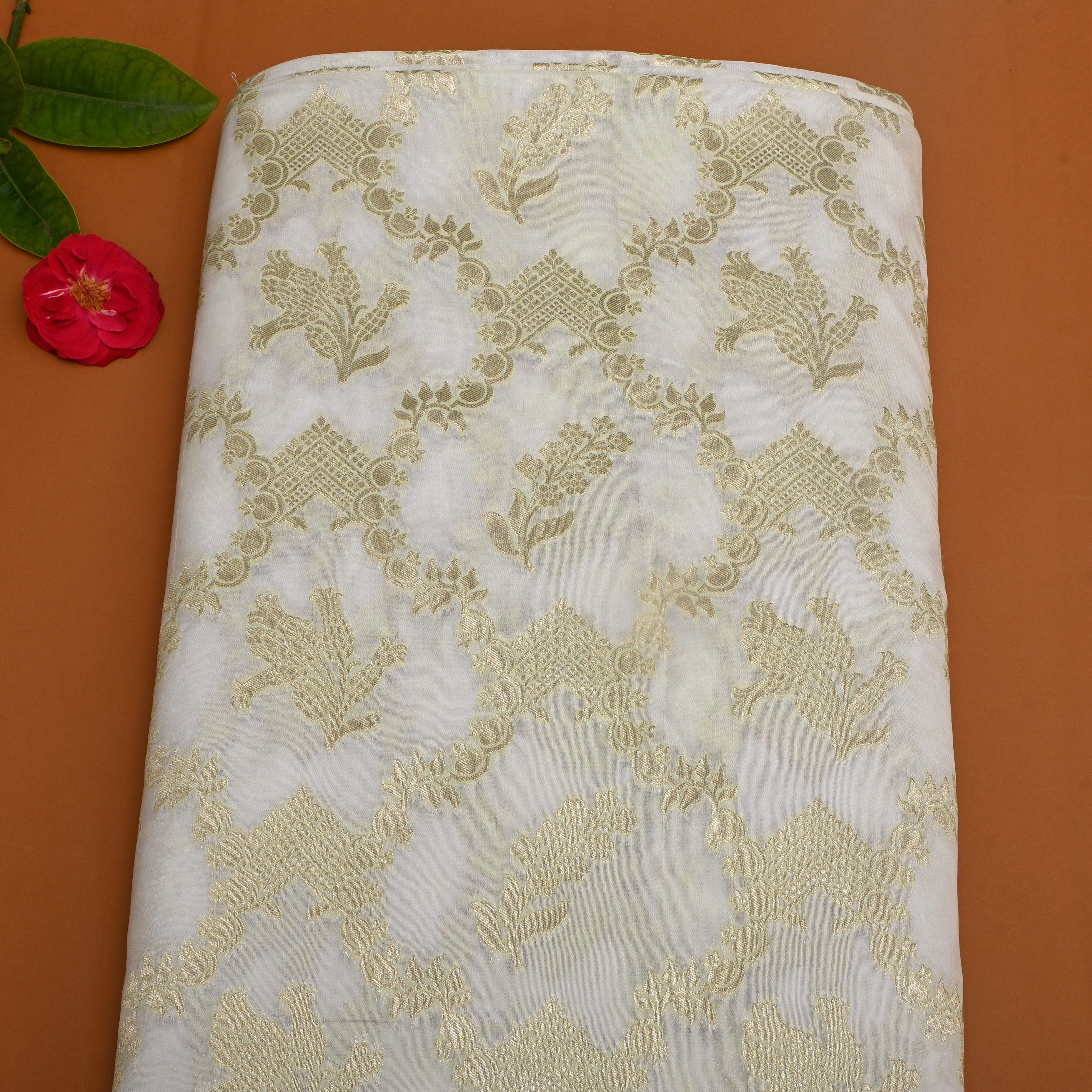 White Golden Zari Floral Silk Fabric