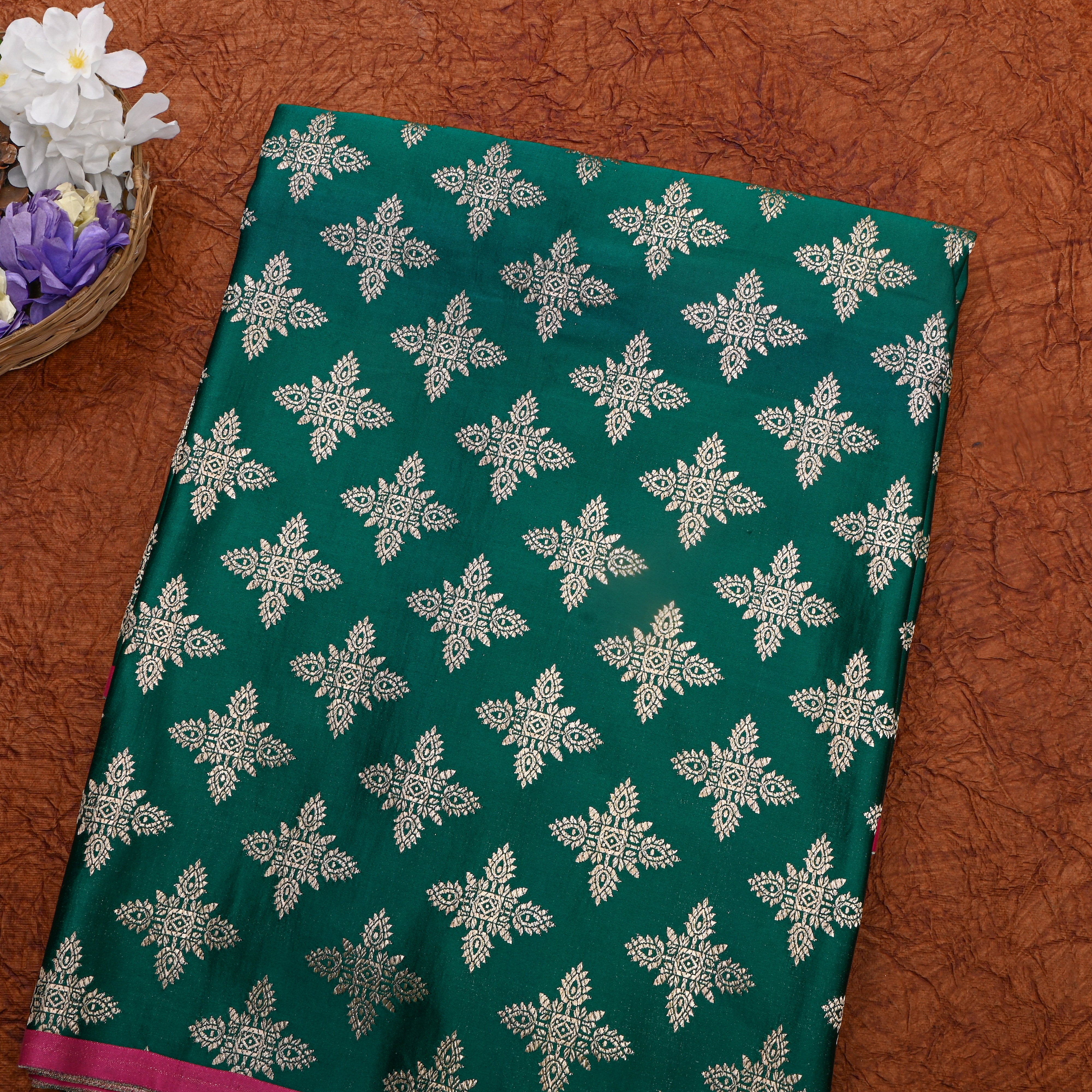 Bottle Green Silver Diamond Motif Silk Fabric
