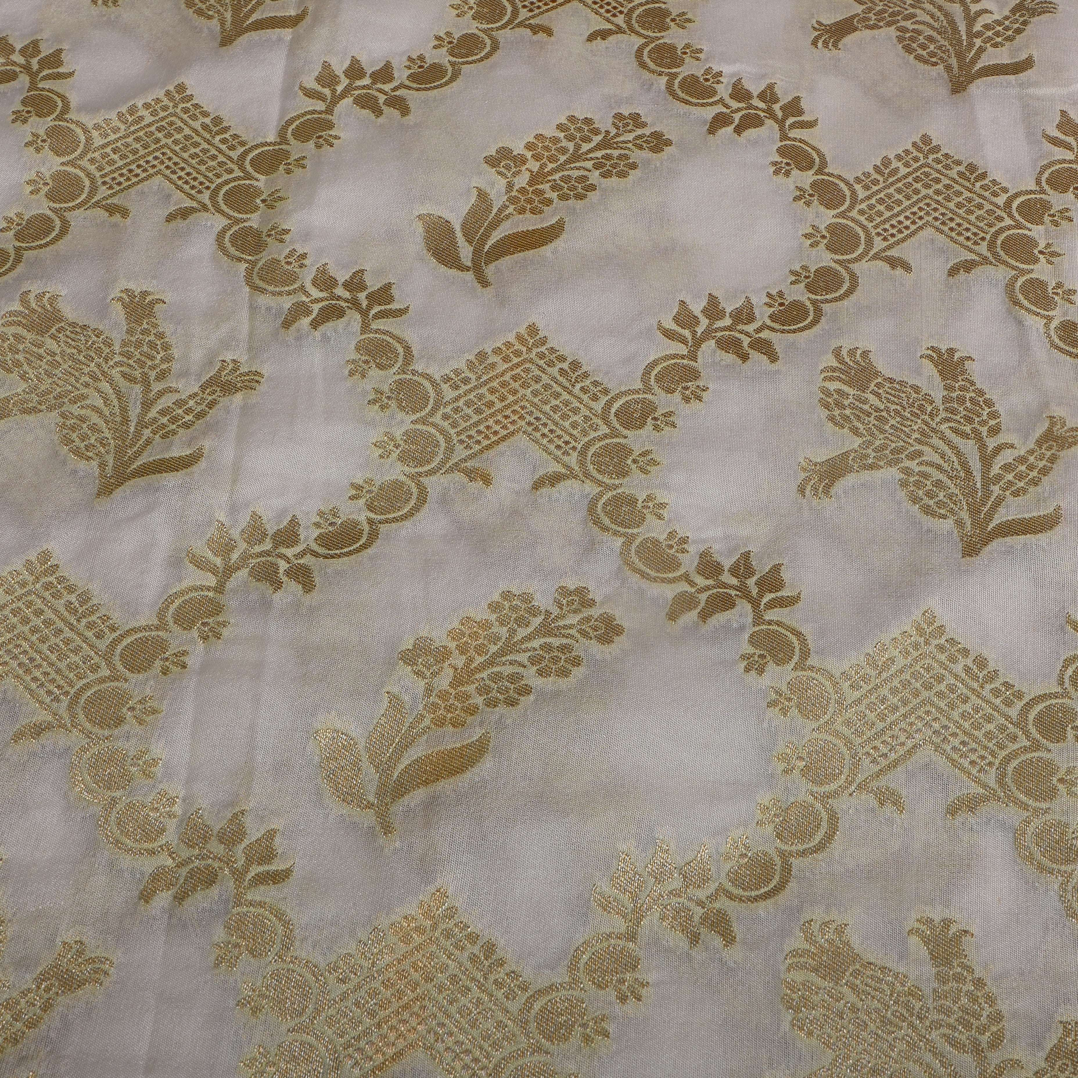 White Golden Zari Floral Silk Fabric