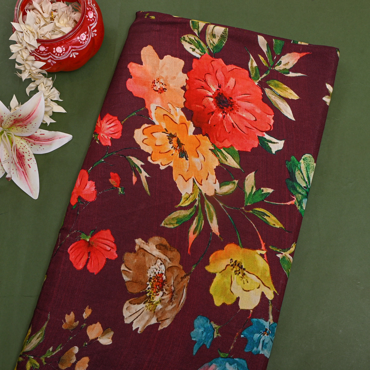 Burgundy Meadow Floral Print Satin Fabric