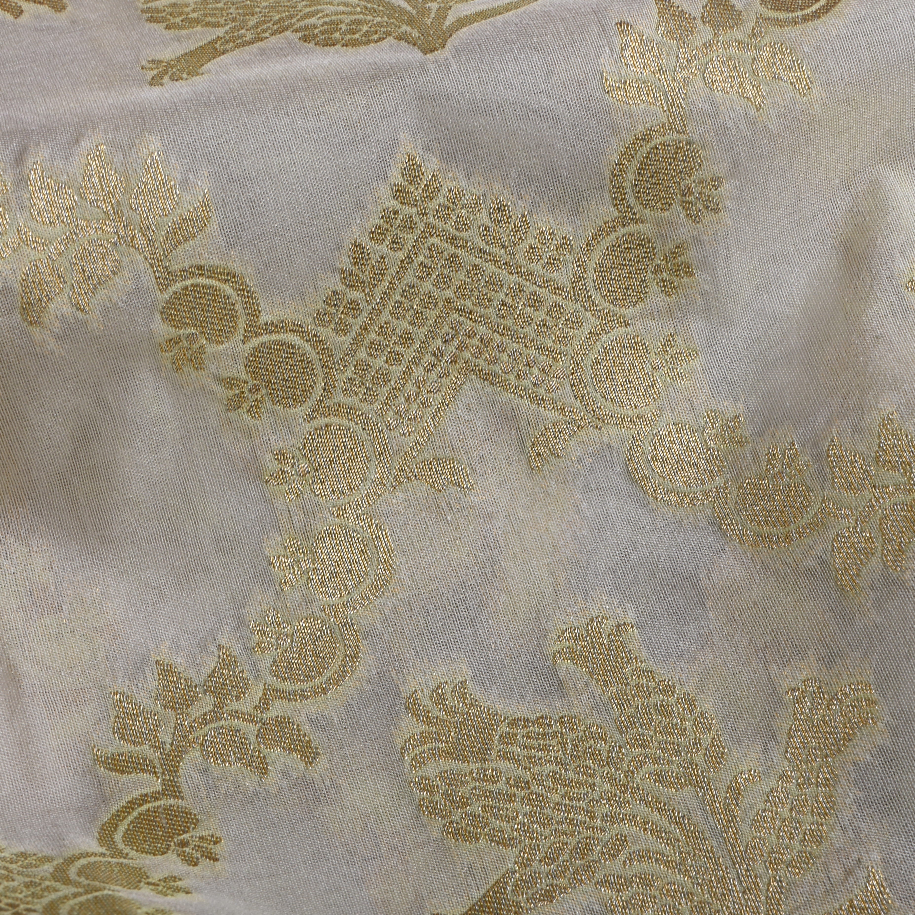 White Golden Zari Floral Silk Fabric