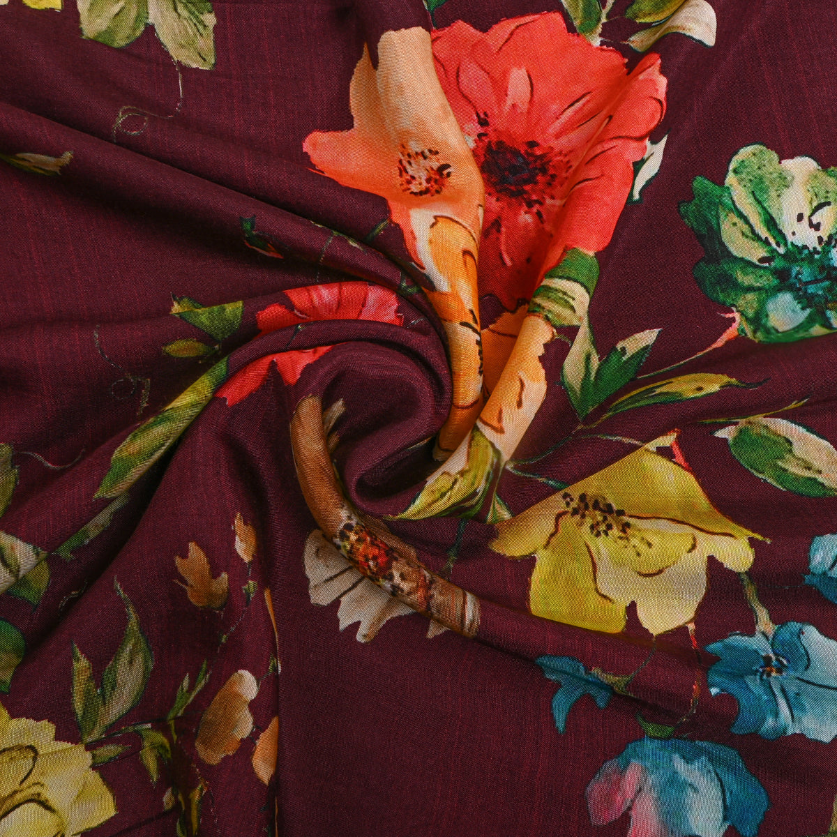 Burgundy Meadow Floral Print Satin Fabric