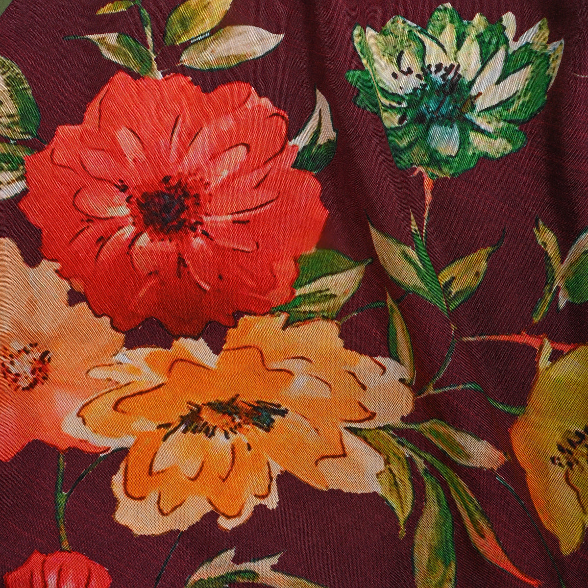 Burgundy Meadow Floral Print Satin Fabric