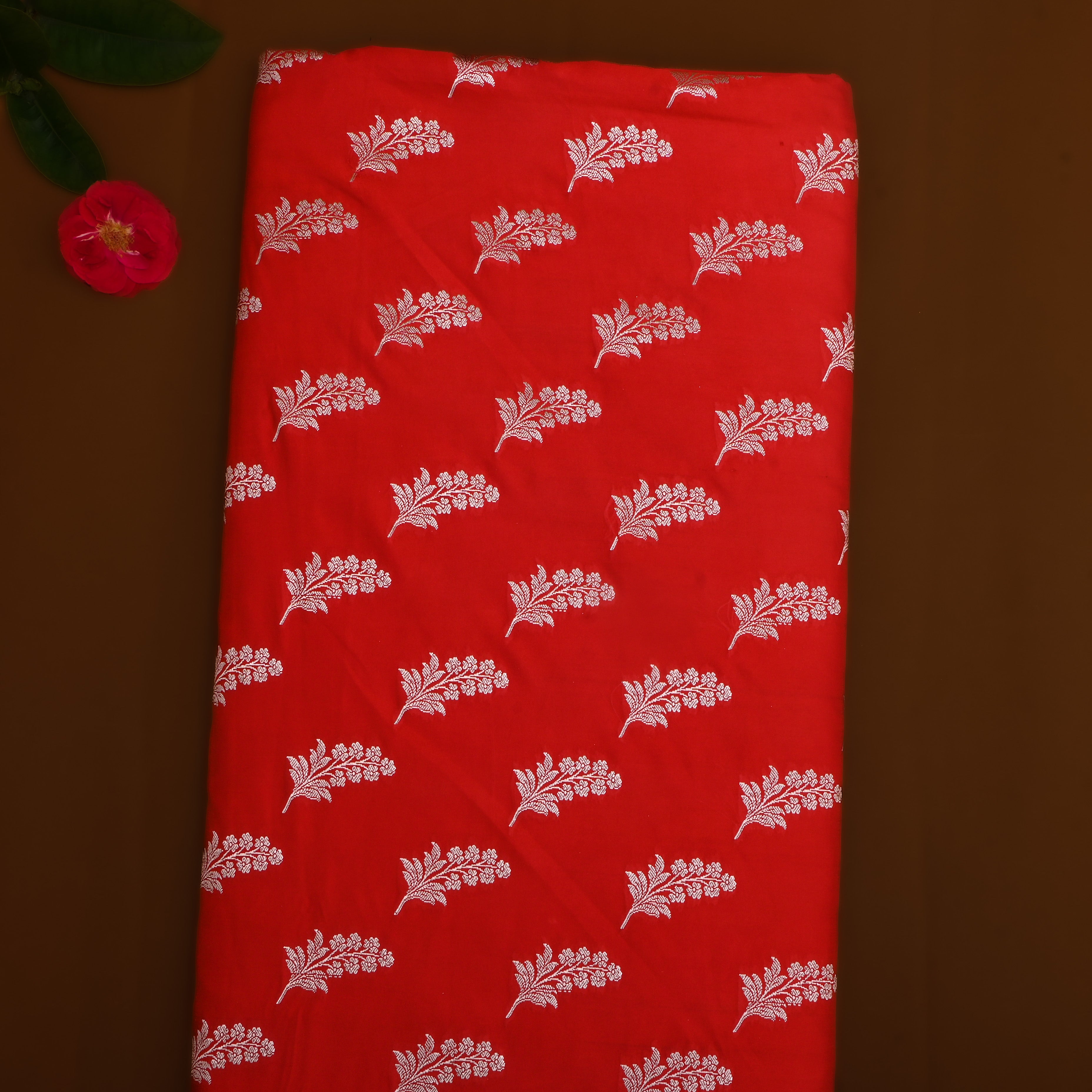 Bright Red Floral Zari Silk Fabric