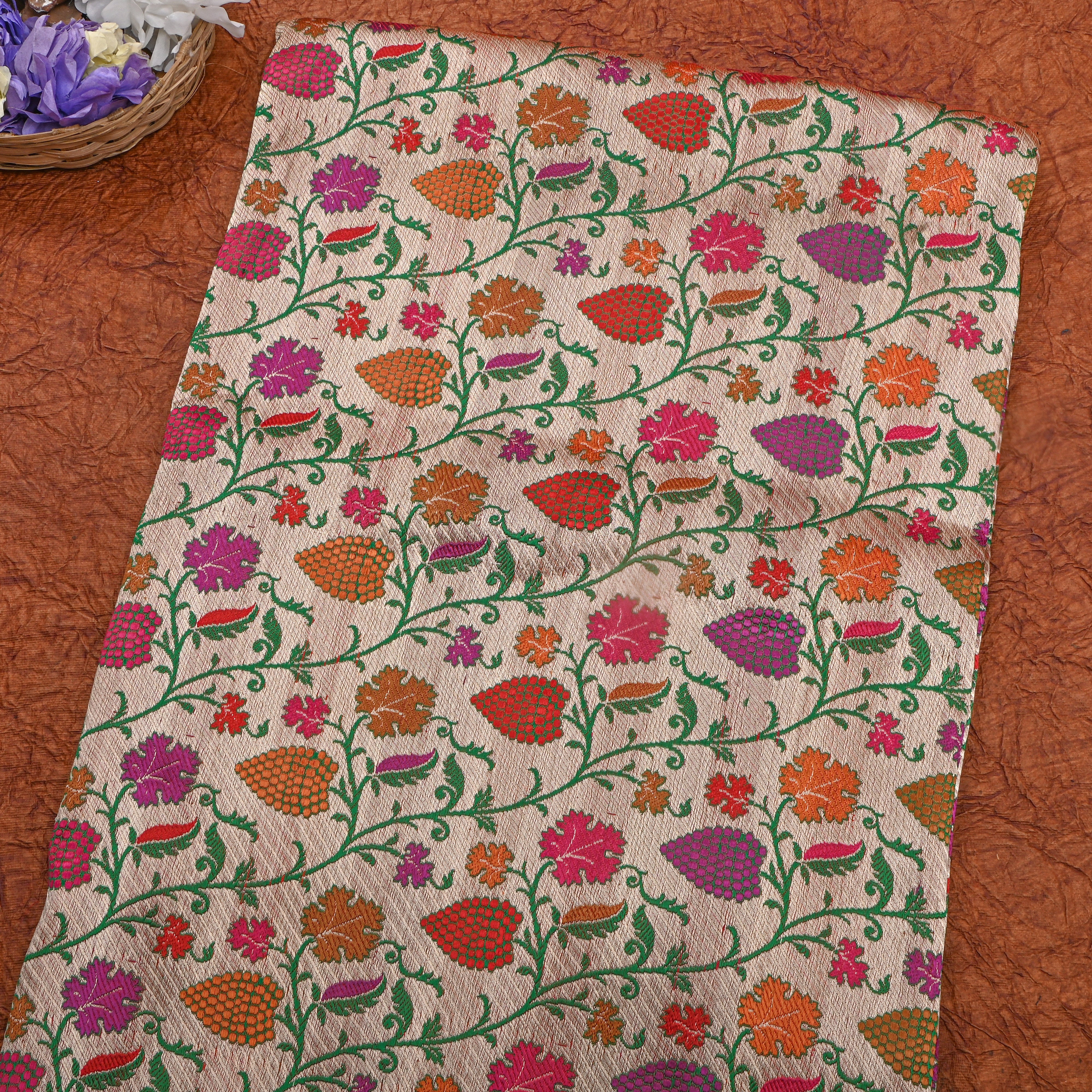 Rose Gold Multicolour Floral Jaal Jamawar Silk Fabric