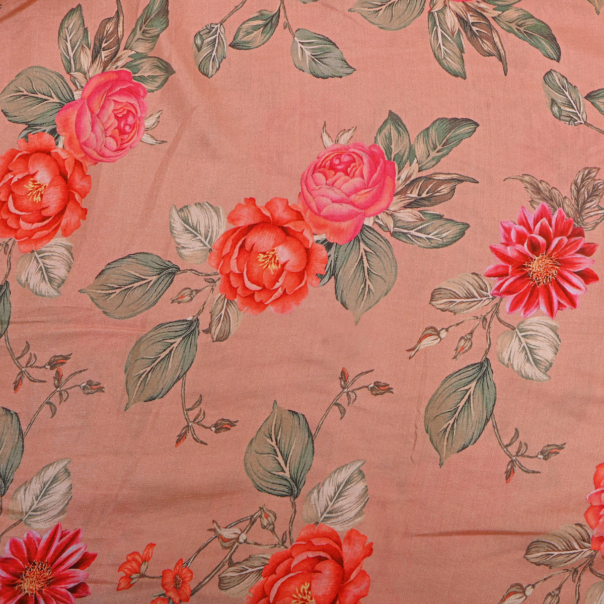 Salmon Peach Rose Dahlia Print Satin Fabric