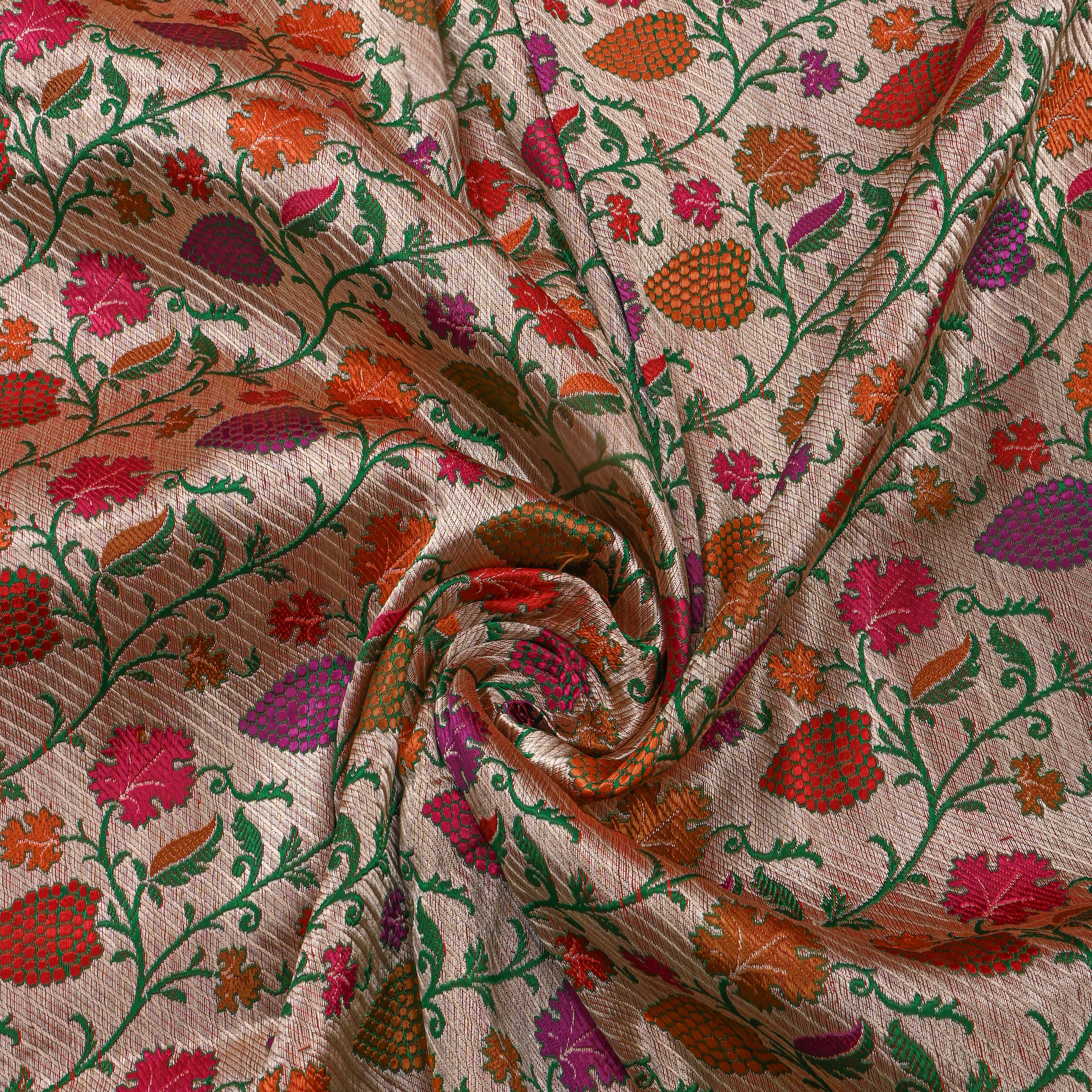Rose Gold Multicolour Floral Jaal Jamawar Silk Fabric