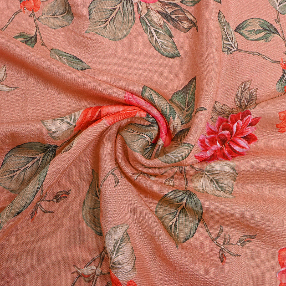 Salmon Peach Rose Dahlia Print Satin Fabric