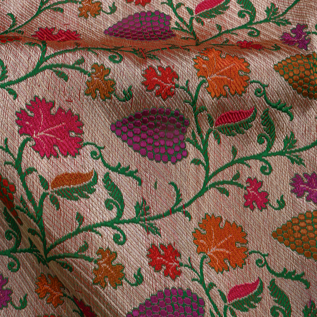 Rose Gold Multicolour Floral Jaal Jamawar Silk Fabric