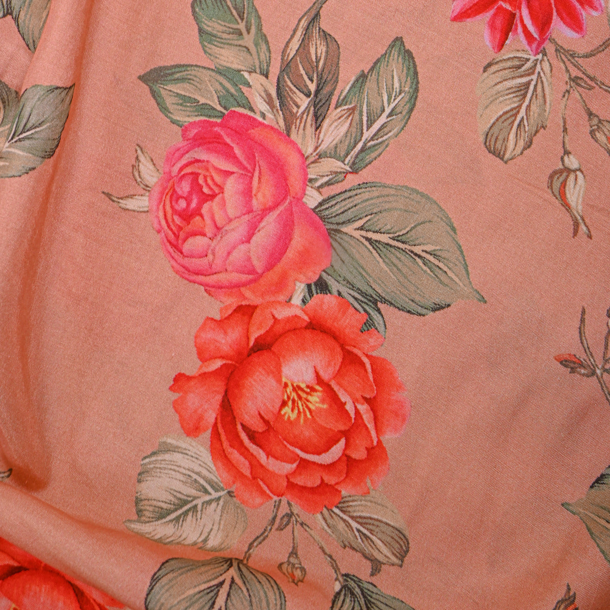 Salmon Peach Rose Dahlia Print Satin Fabric