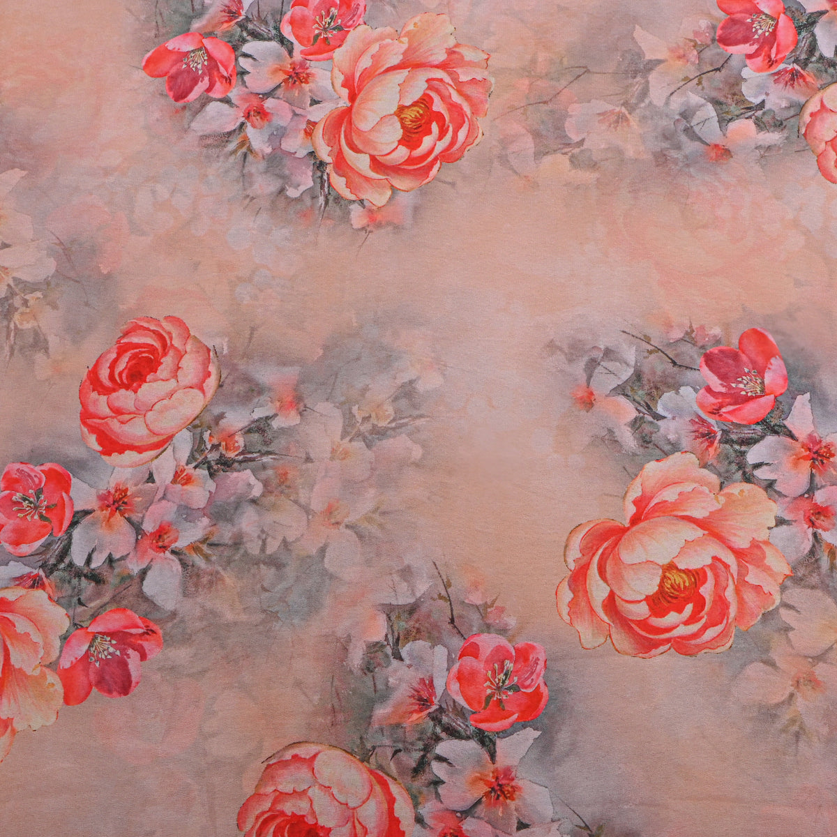 Apricot Rose Floral Print Georgette Fabric