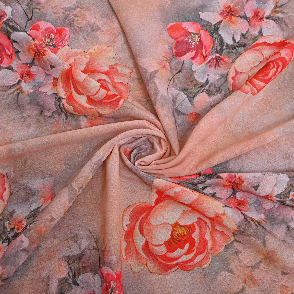 Apricot Rose Floral Print Georgette Fabric