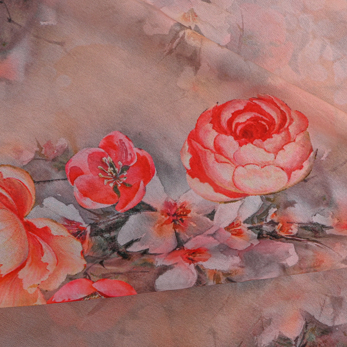 Apricot Rose Floral Print Georgette Fabric