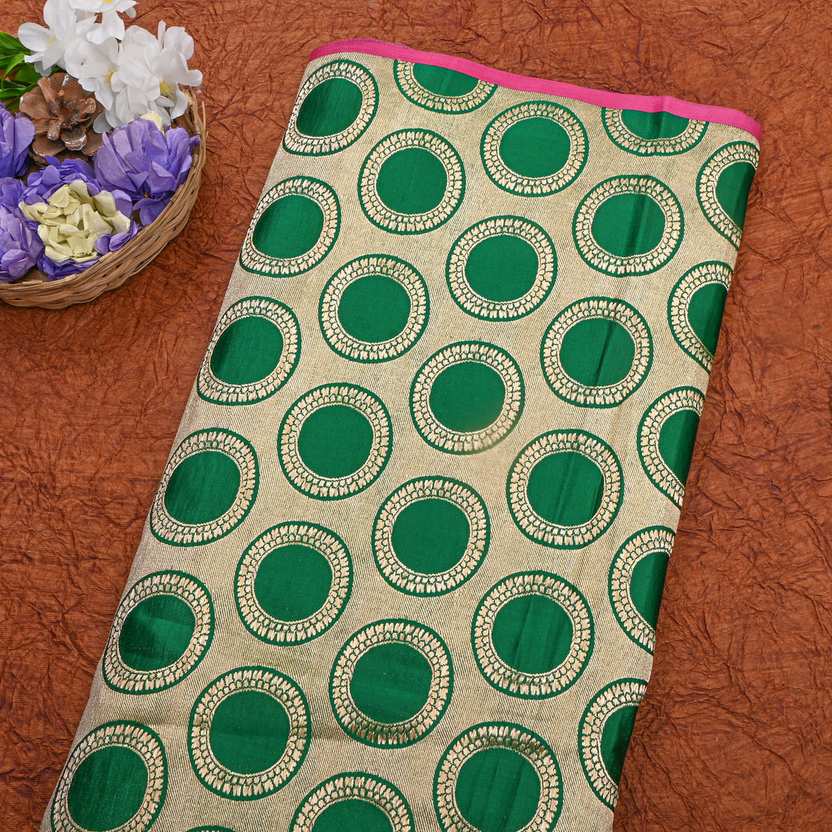 Green Gold Circle Motif Silk Fabric