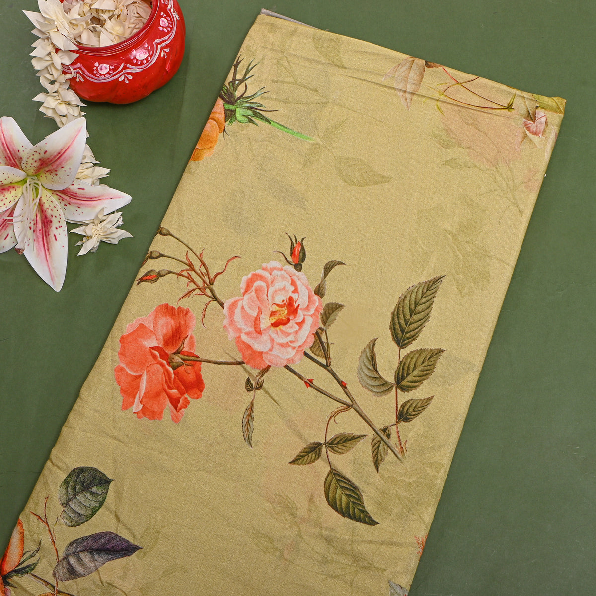 Pistachio Green Rose Garden Print Satin Fabric