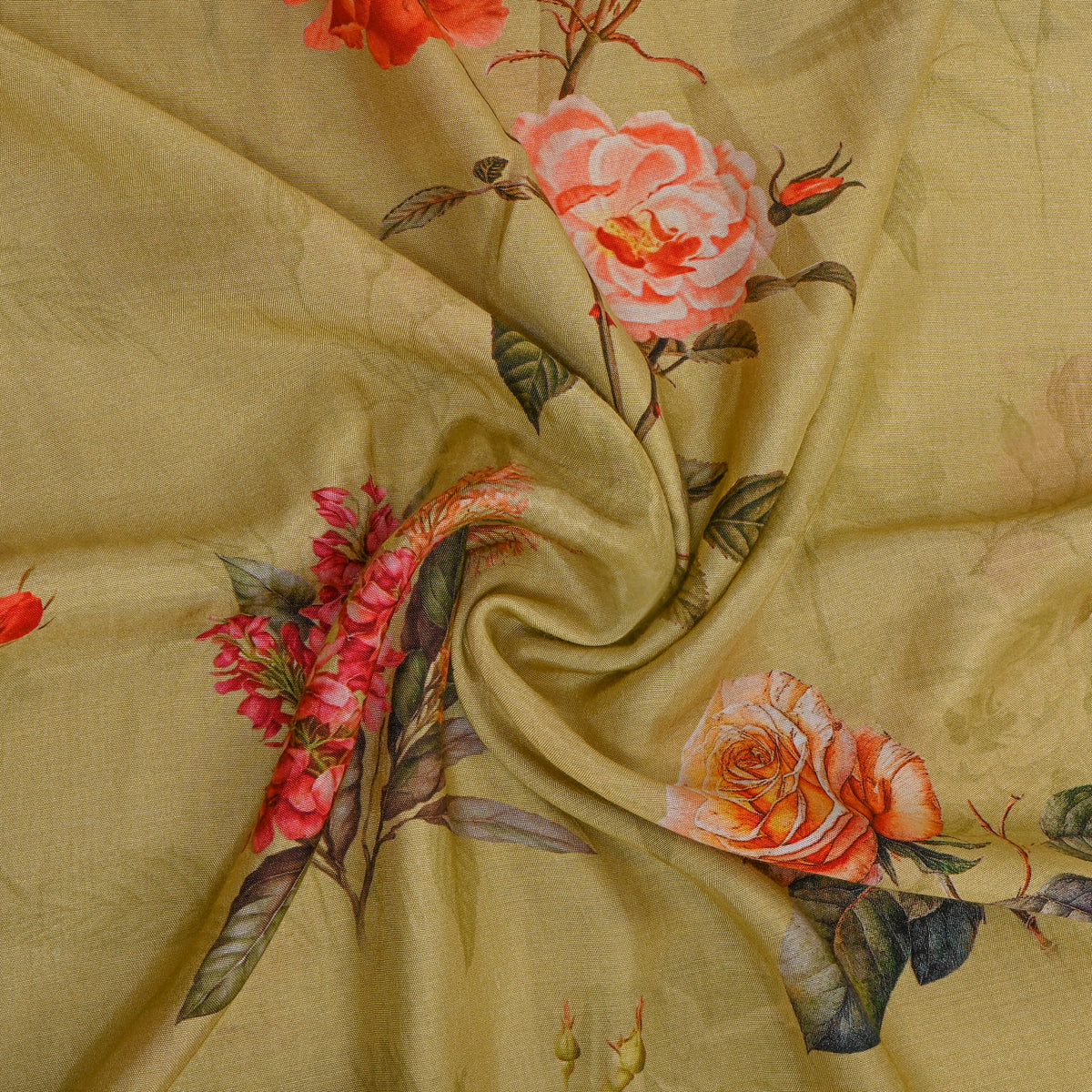 Pistachio Green Rose Garden Print Satin Fabric