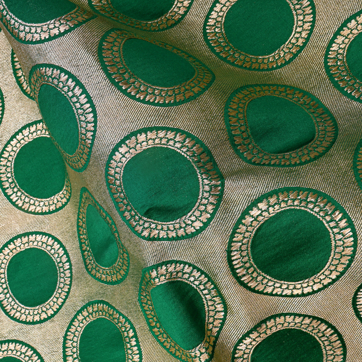 Green Gold Circle Motif Silk Fabric