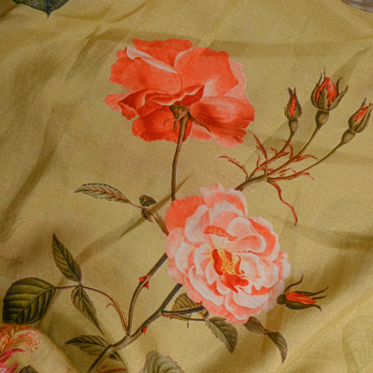 Pistachio Green Rose Garden Print Satin Fabric