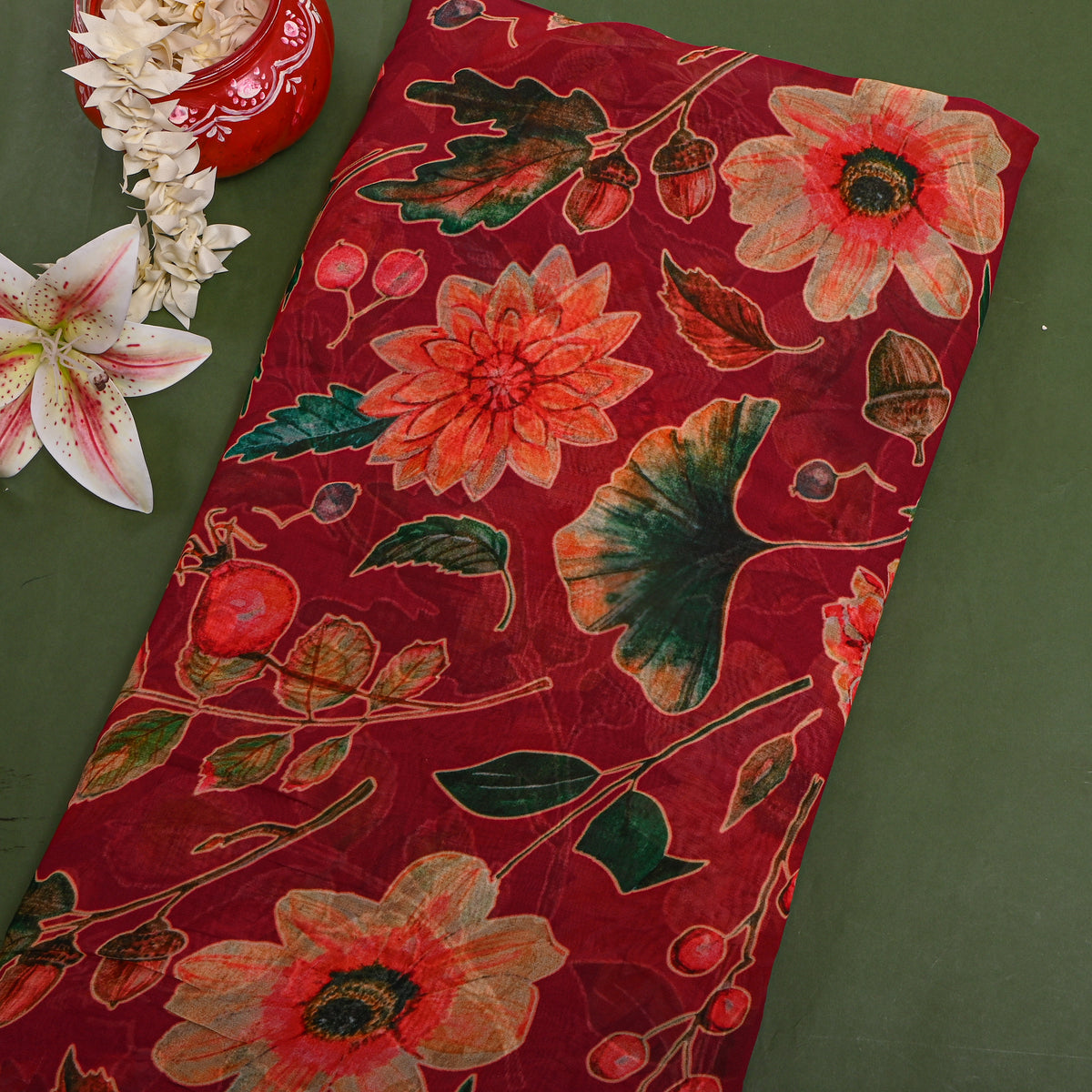 Maroon Autumn Berry Print Chiffon Fabric