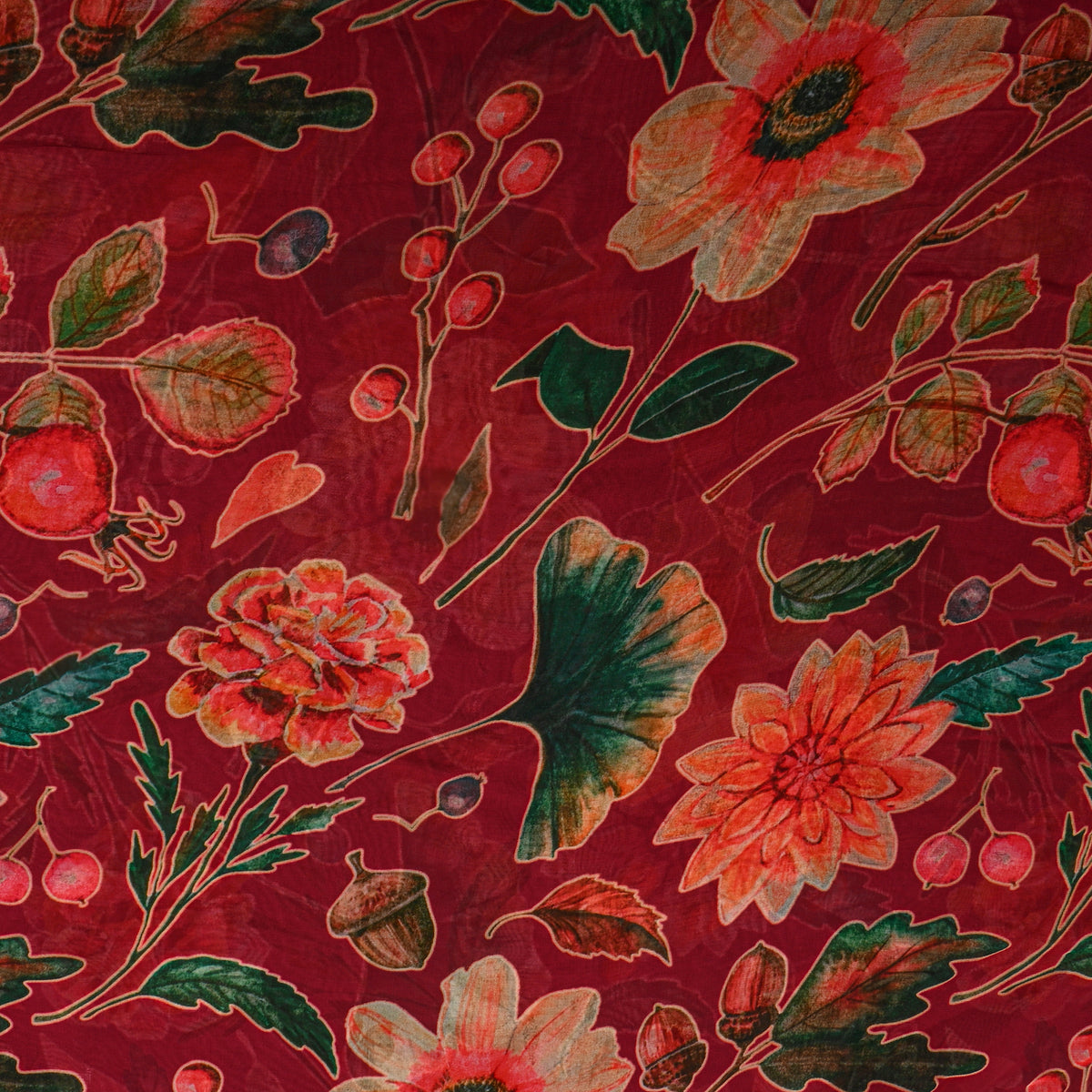 Maroon Autumn Berry Print Chiffon Fabric