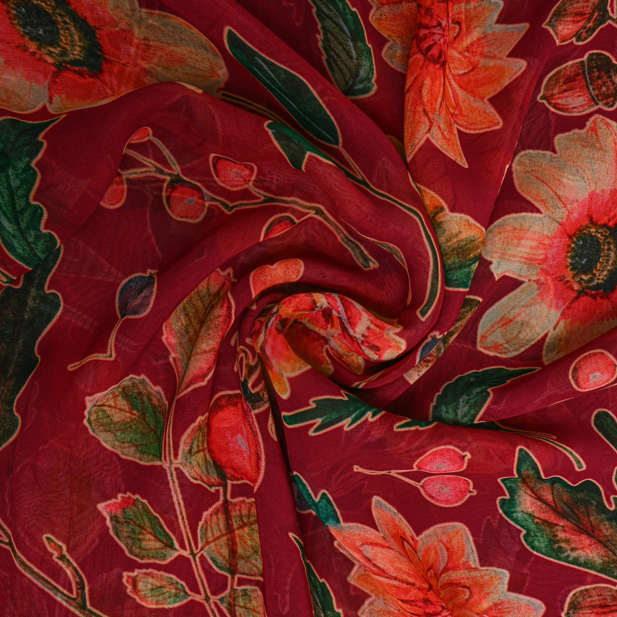 Maroon Autumn Berry Print Chiffon Fabric
