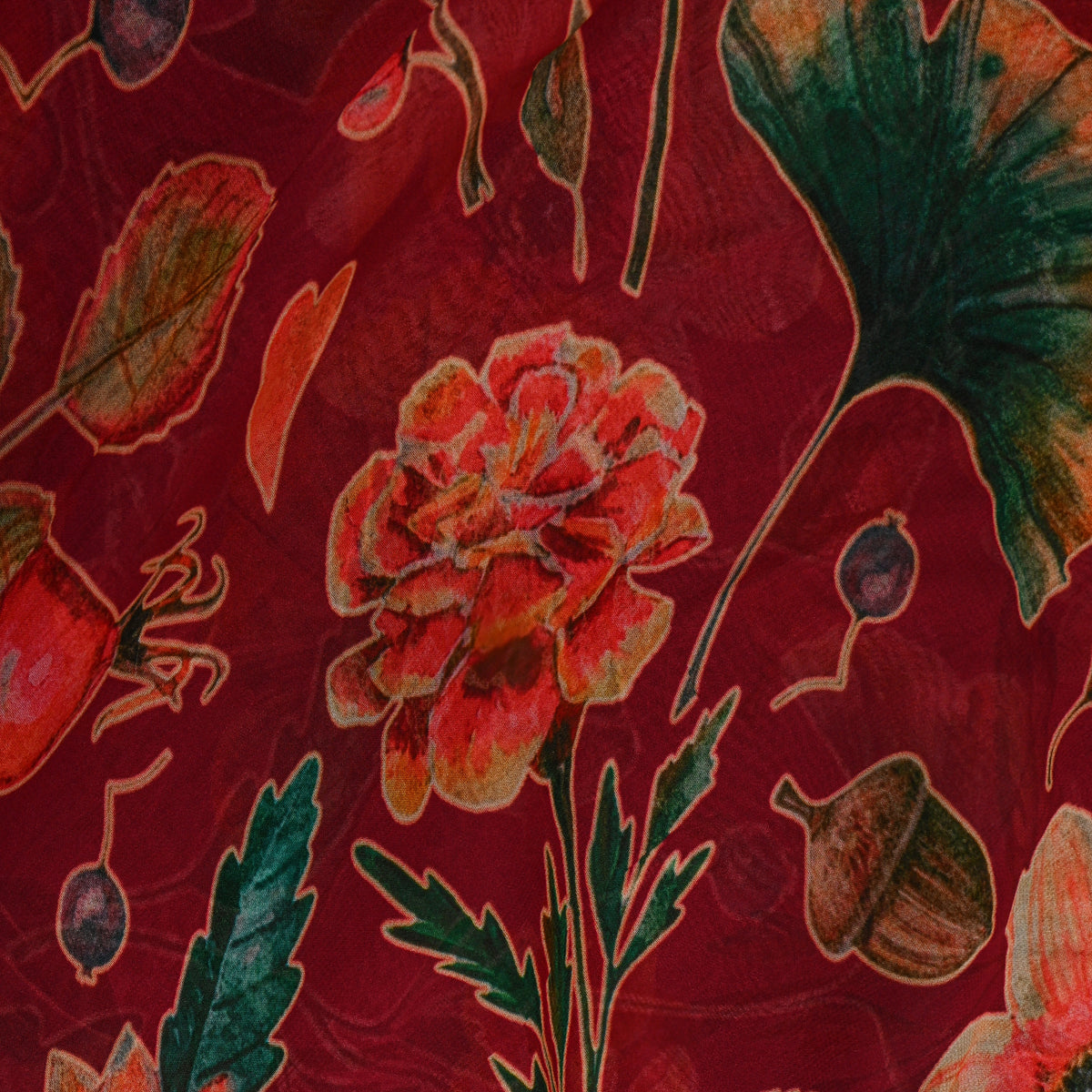 Maroon Autumn Berry Print Chiffon Fabric