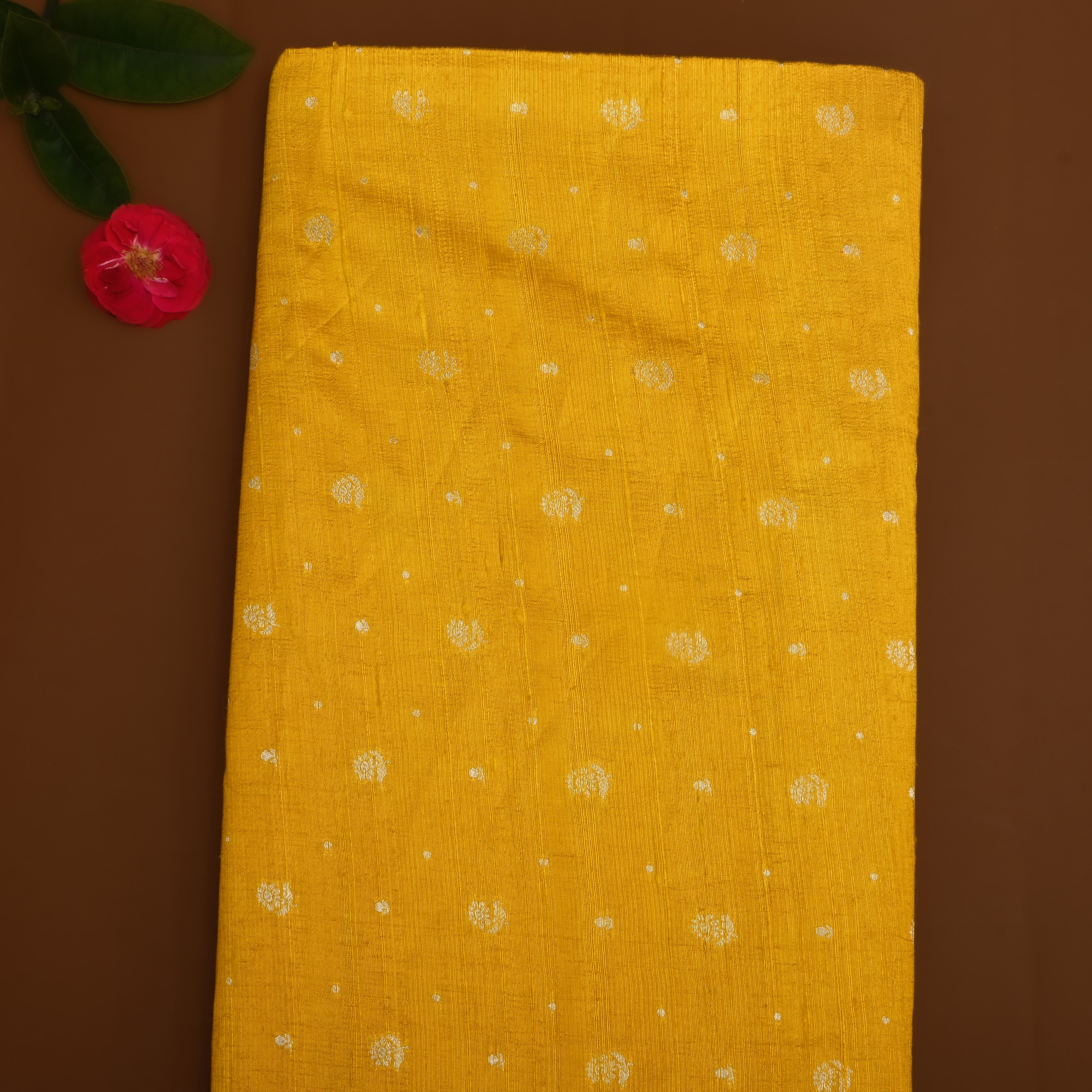 Bright Yellow Floral Zari Dupion Silk Fabric