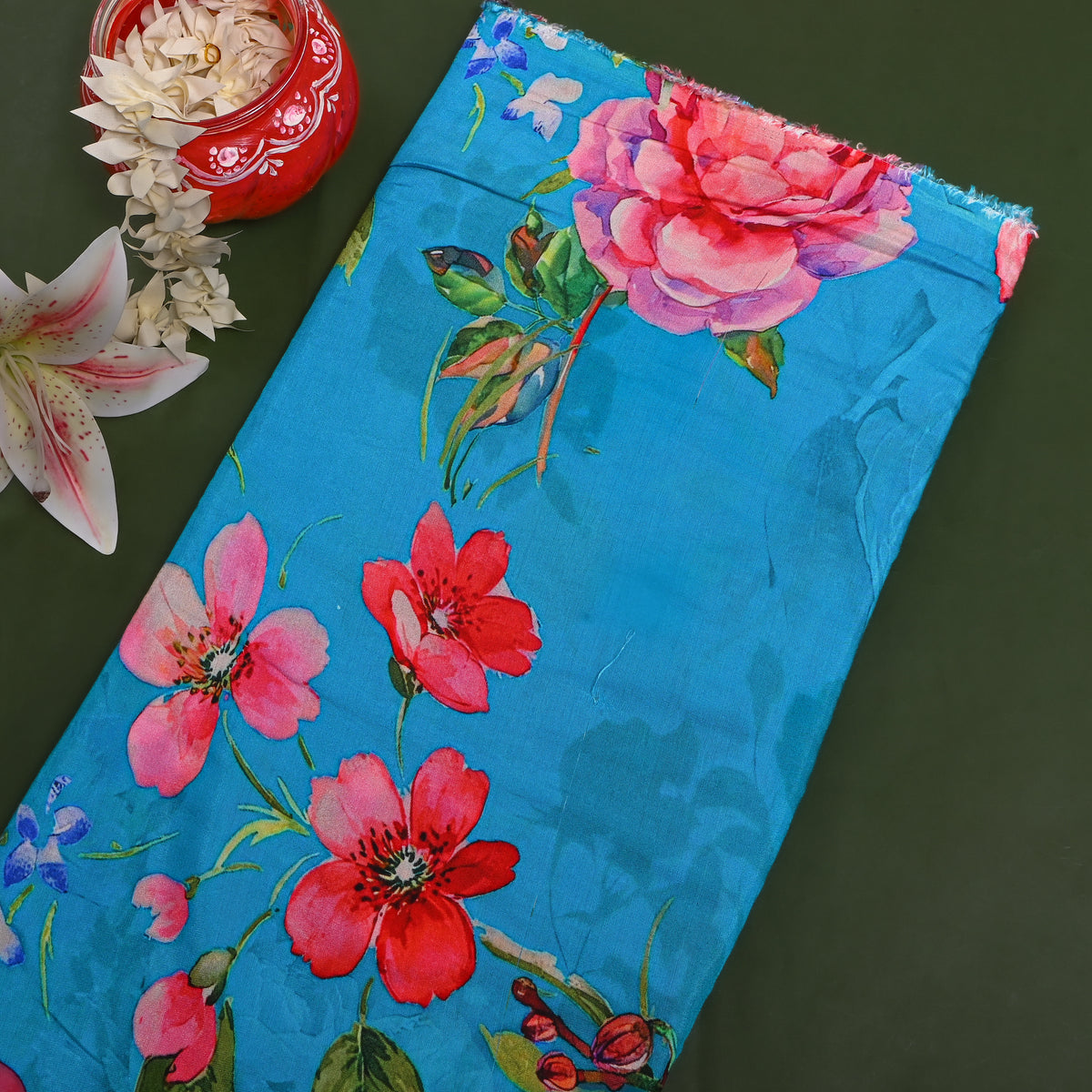 Cerulean Orchid Poppy Print Satin Fabric