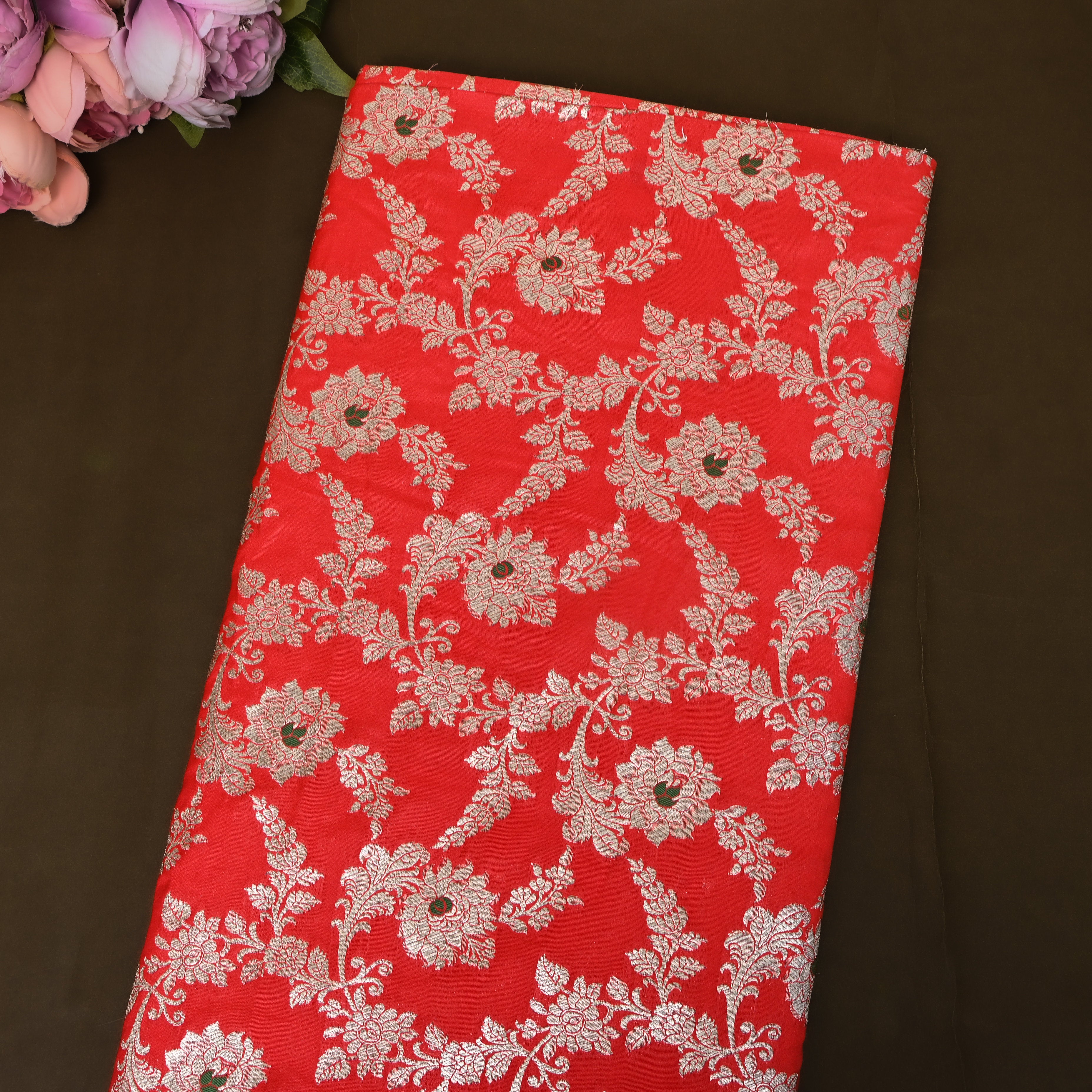 Bright Orange Floral Jaal Jamawar Silk
