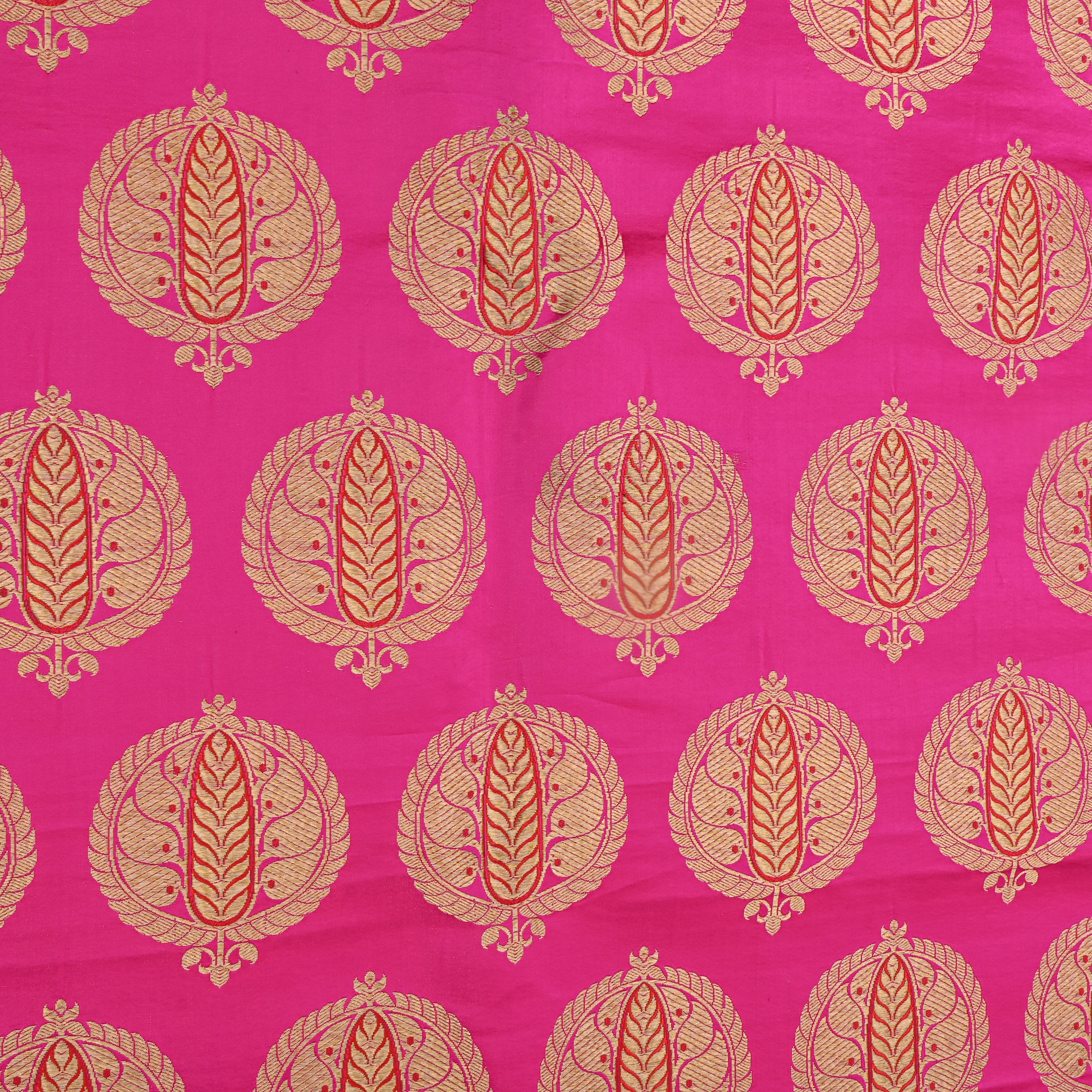 Pink Gold Leaf Motif Silk Fabric