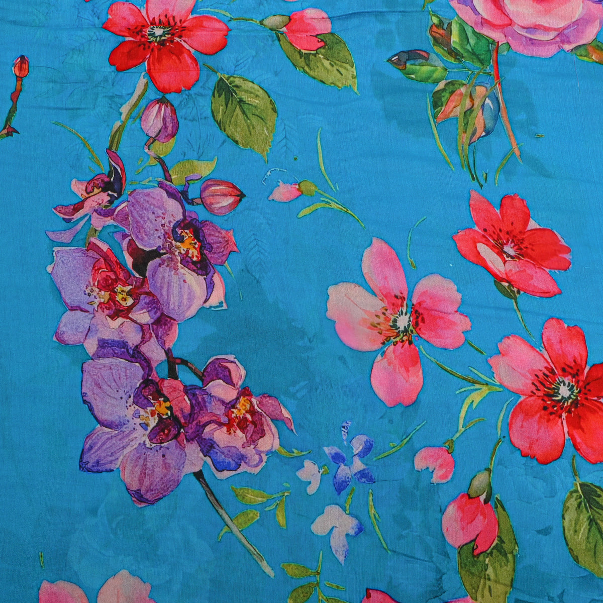 Cerulean Orchid Poppy Print Satin Fabric