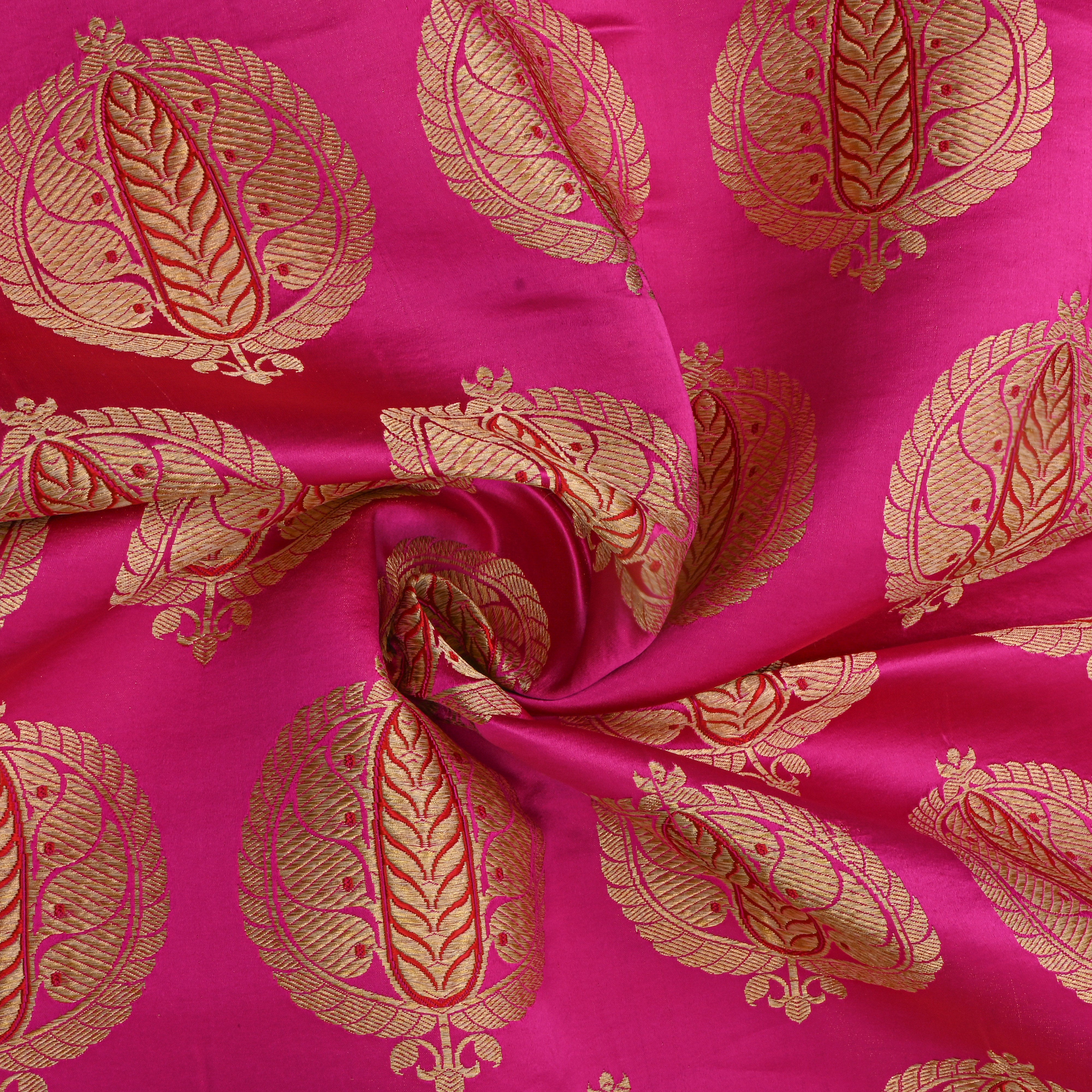 Pink Gold Leaf Motif Silk Fabric