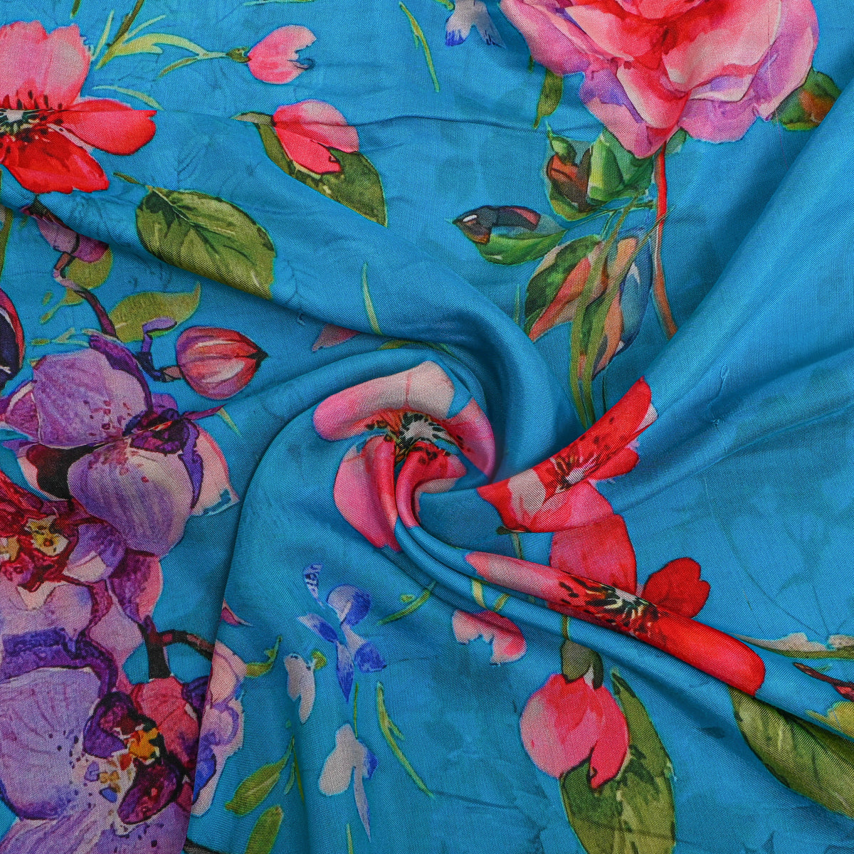 Cerulean Orchid Poppy Print Satin Fabric