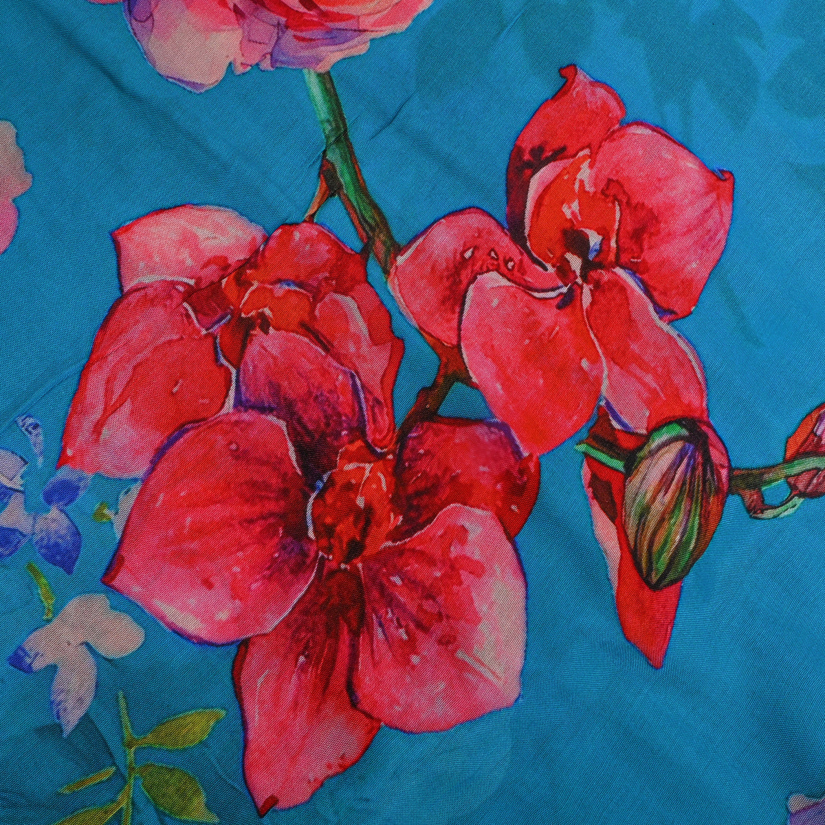 Cerulean Orchid Poppy Print Satin Fabric