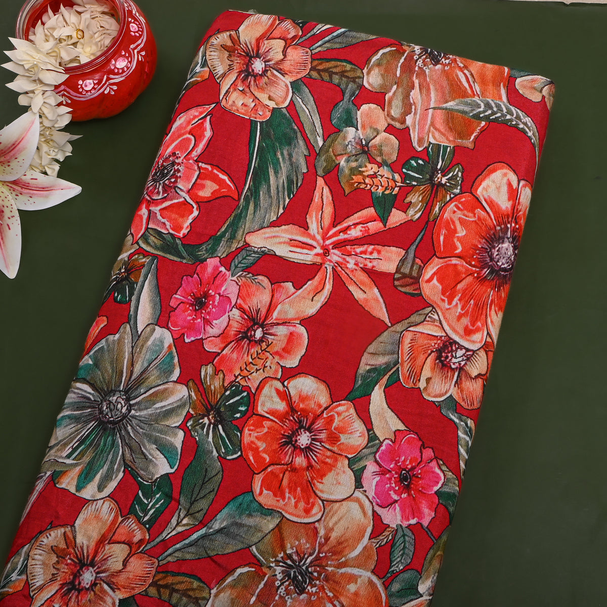 Scarlet Red Tropical Bloom Print Satin Fabric