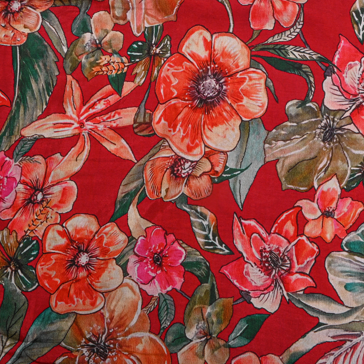 Scarlet Red Tropical Bloom Print Satin Fabric