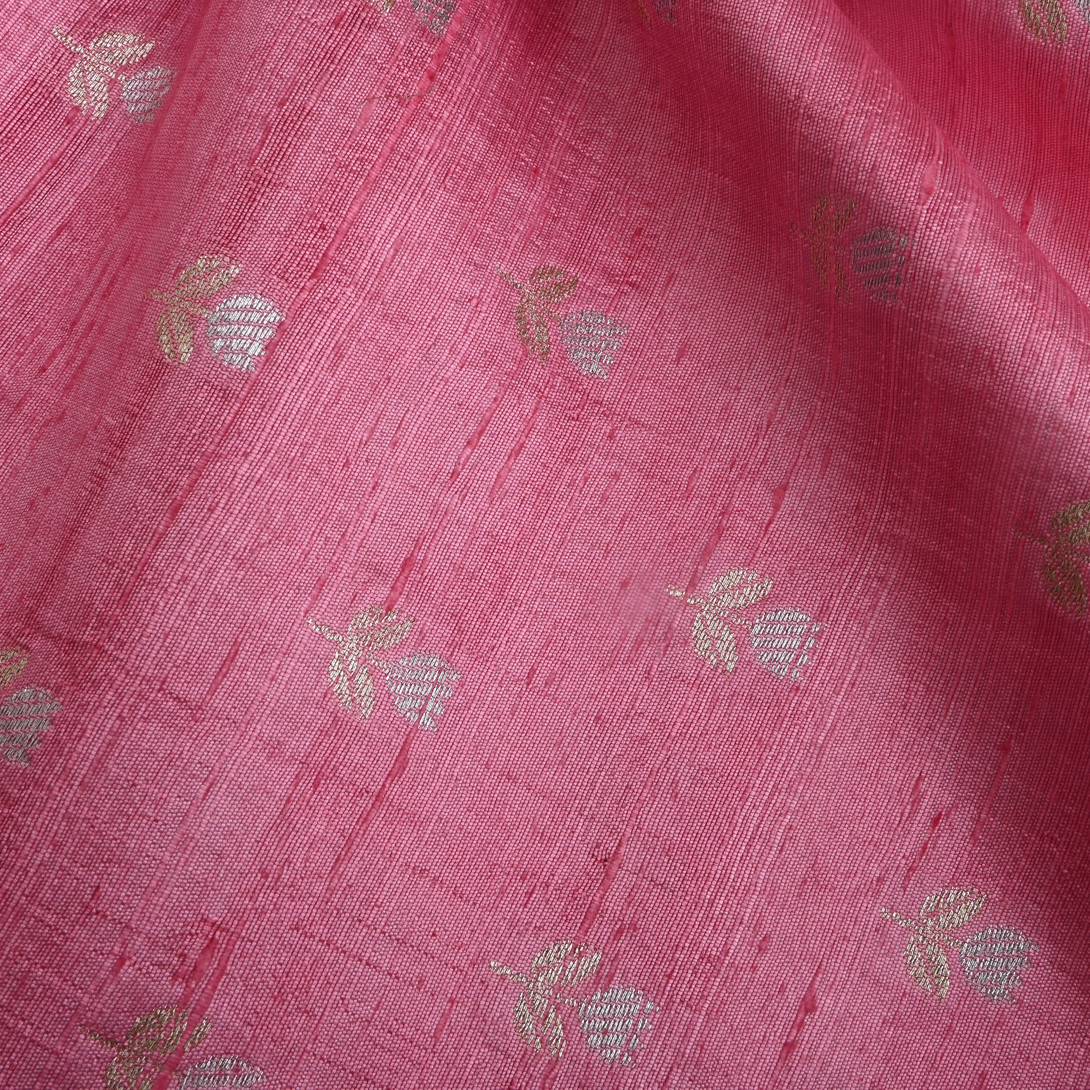 Flamingo Pink Floral Zari Dupion Silk Fabric