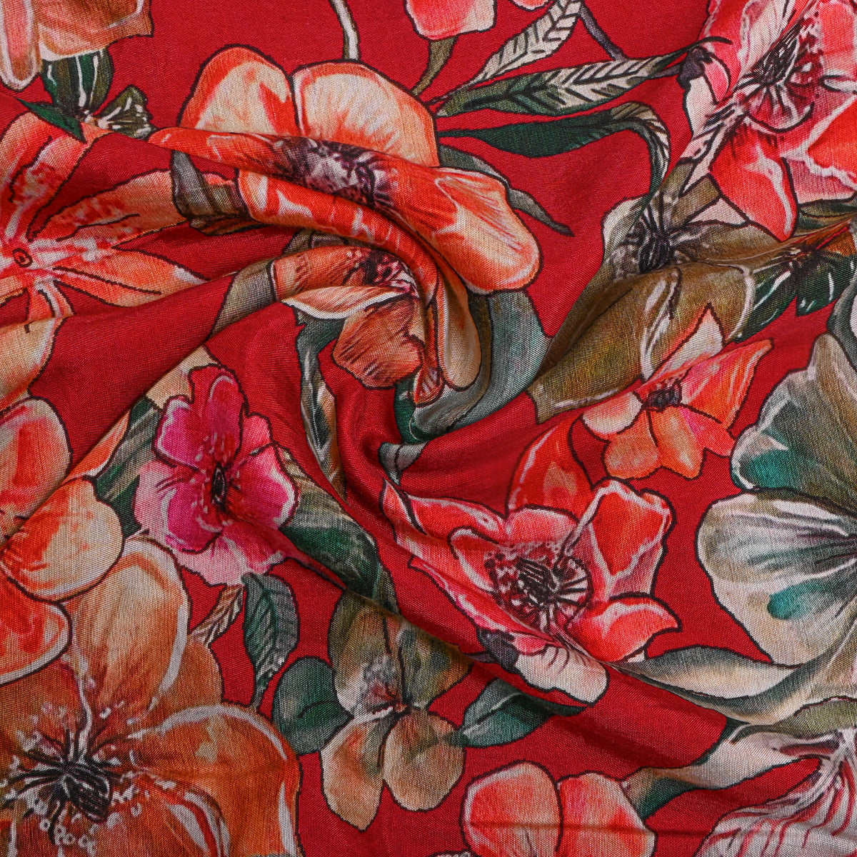 Scarlet Red Tropical Bloom Print Satin Fabric