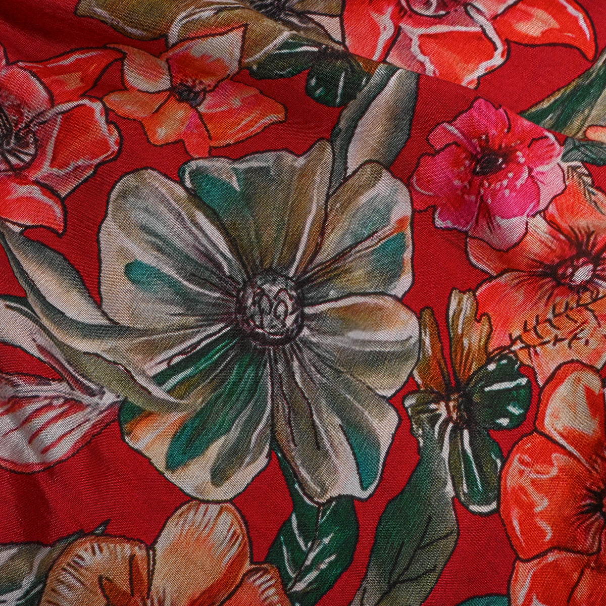 Scarlet Red Tropical Bloom Print Satin Fabric