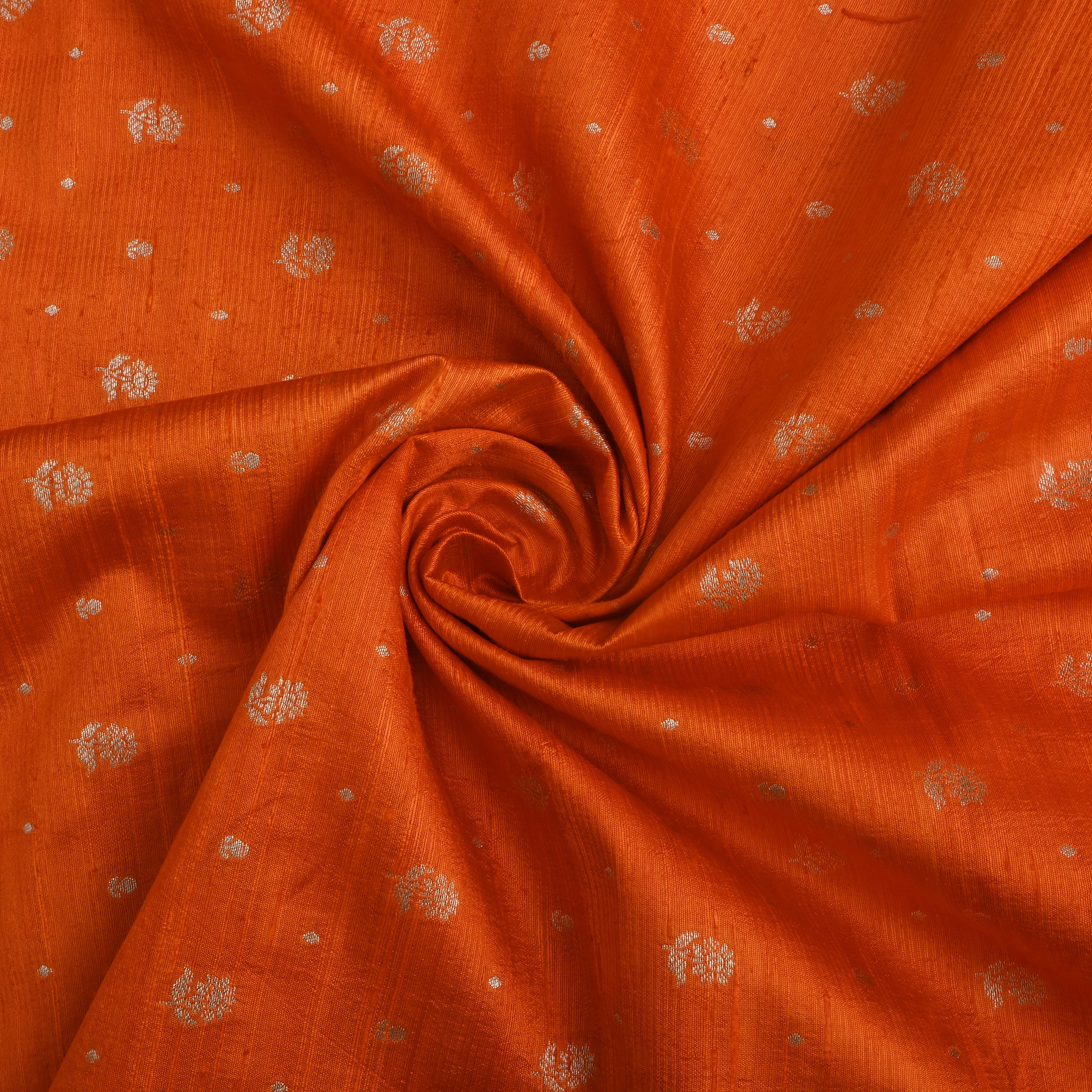 Bright Orange Floral Zari Dupion Silk Fabric