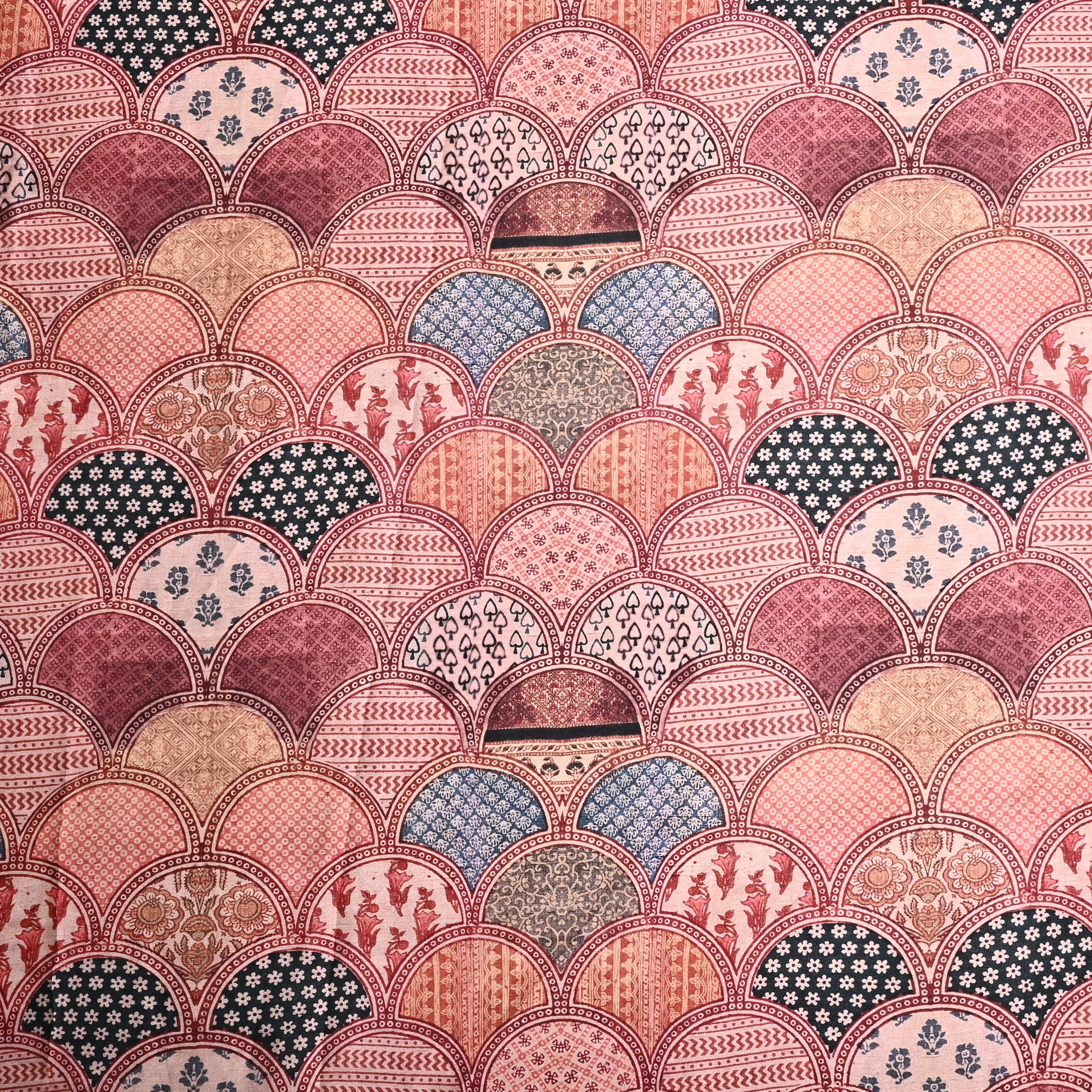 Brown Silk Printed Fabric With Seigaiha Pattern
