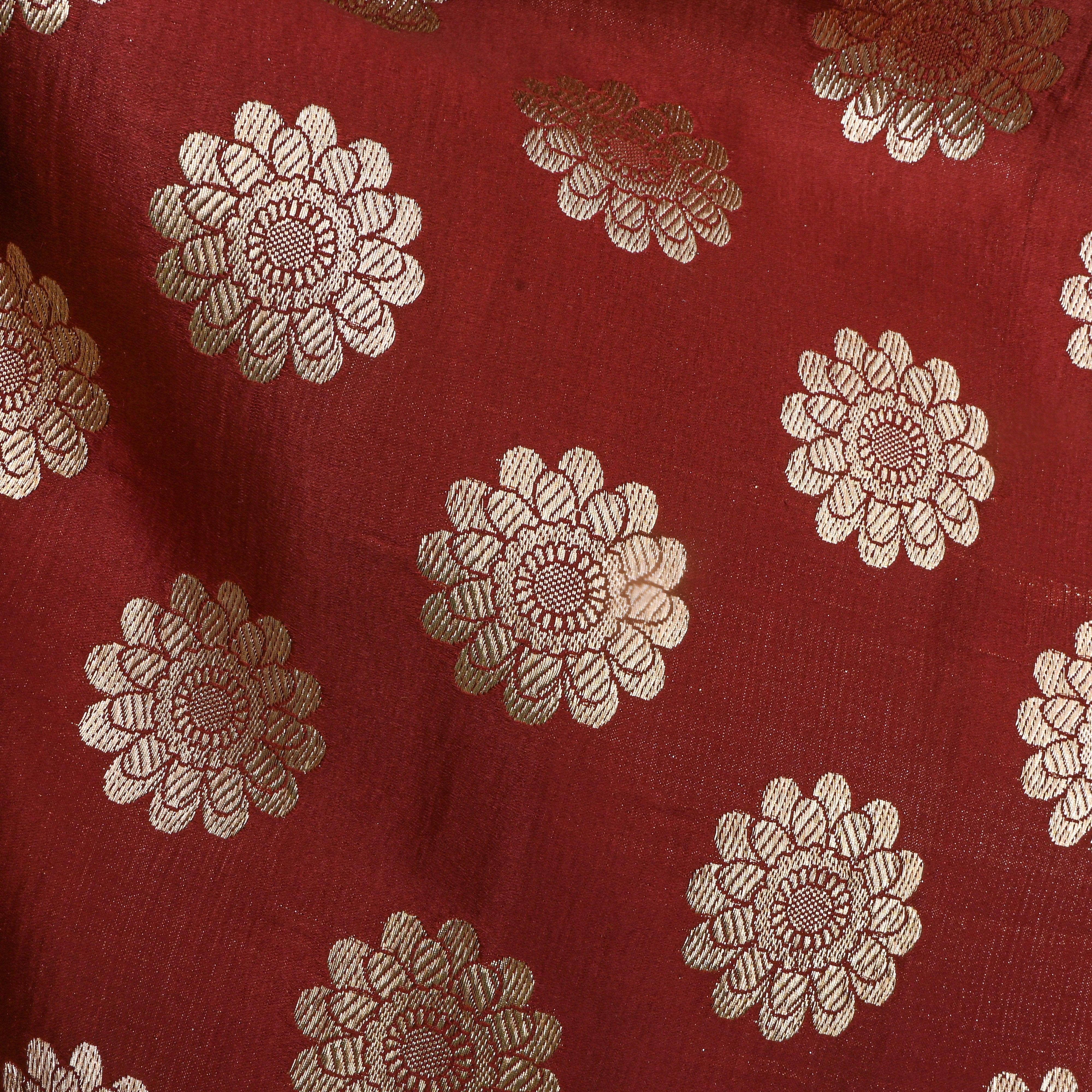 Maroon Gold Sunflower Motif Silk Fabric