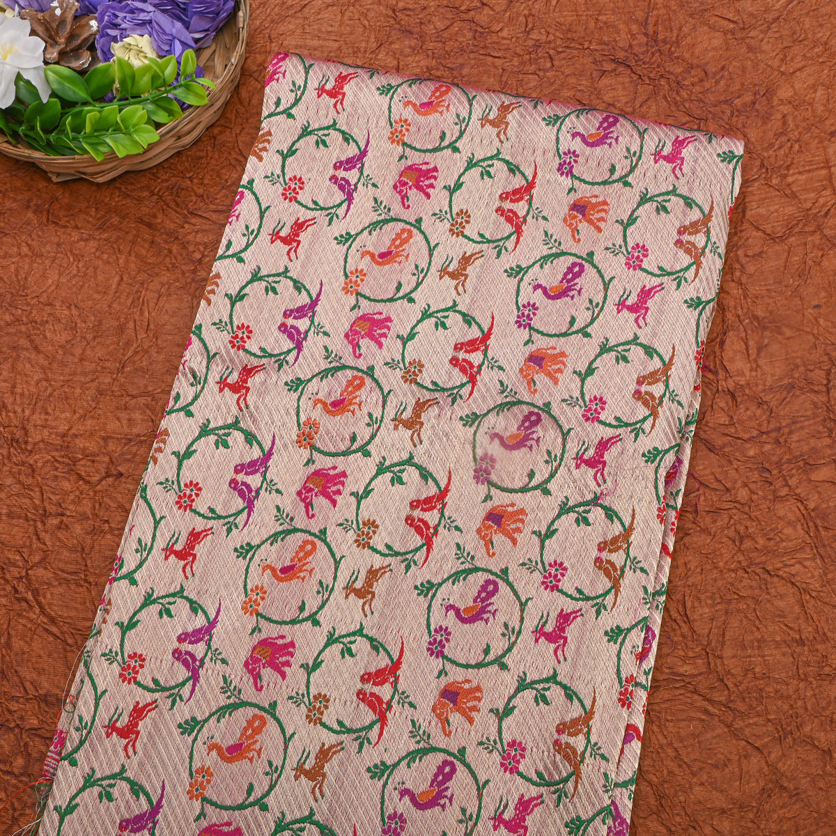 Pink Multicolour Animal Motif Jamawar Silk Fabric