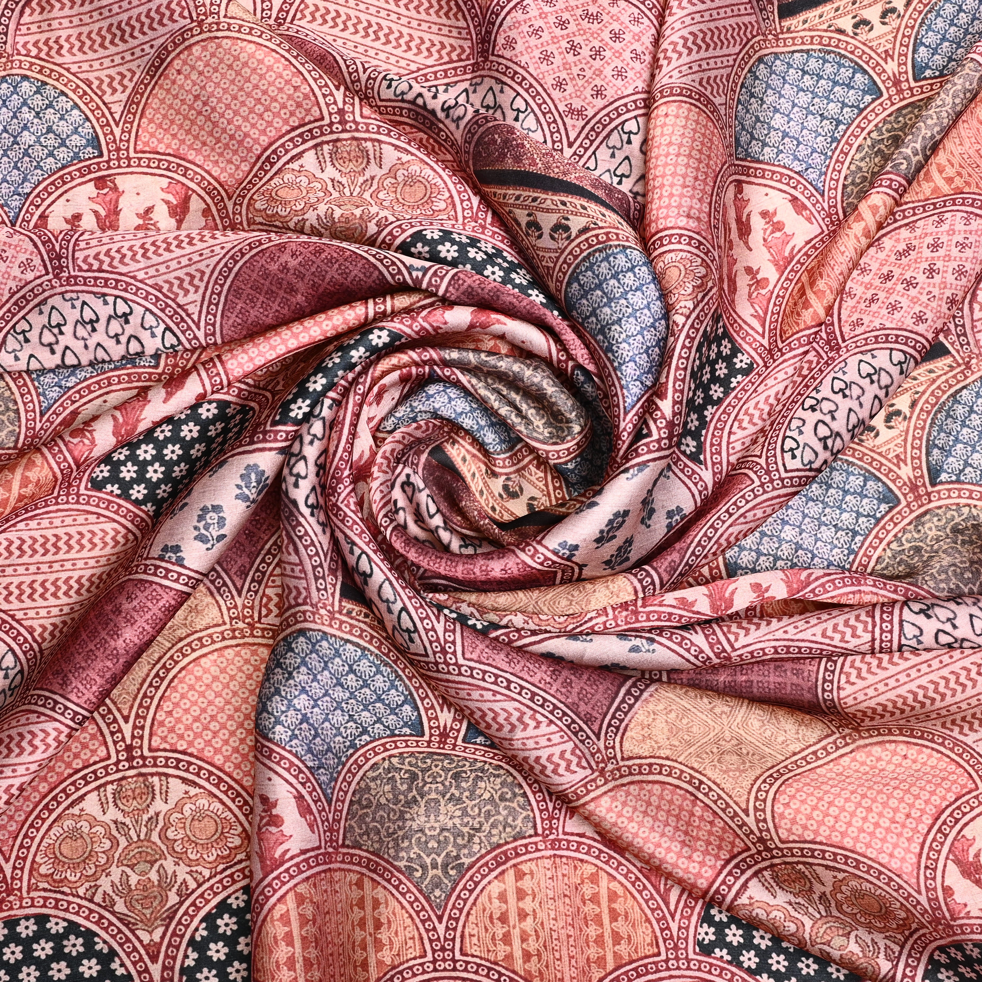 Brown Silk Printed Fabric With Seigaiha Pattern