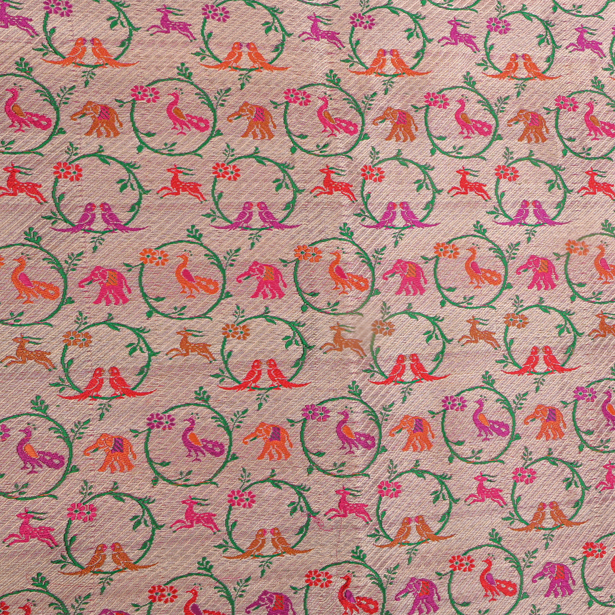 Pink Multicolour Animal Motif Jamawar Silk Fabric