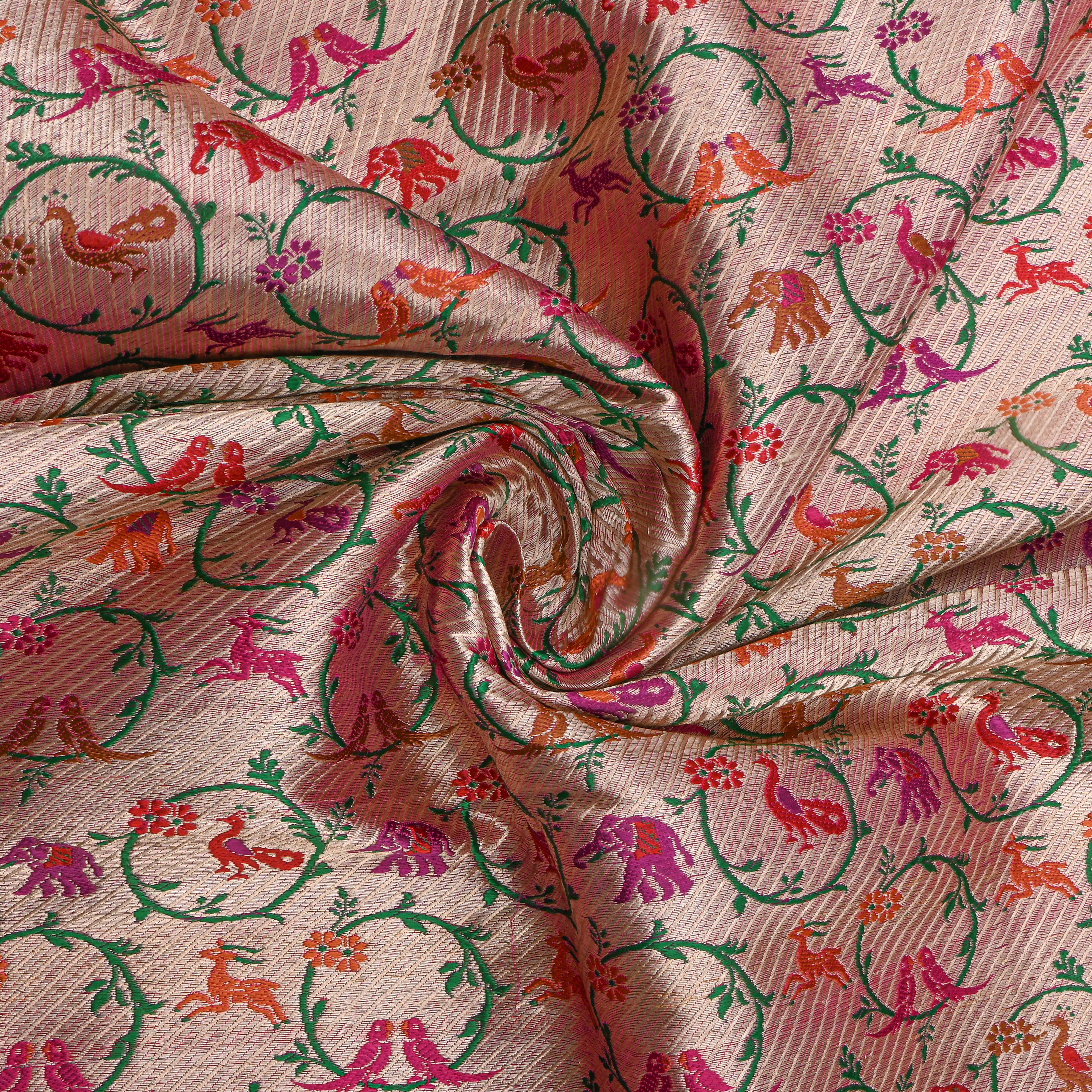 Pink Multicolour Animal Motif Jamawar Silk Fabric