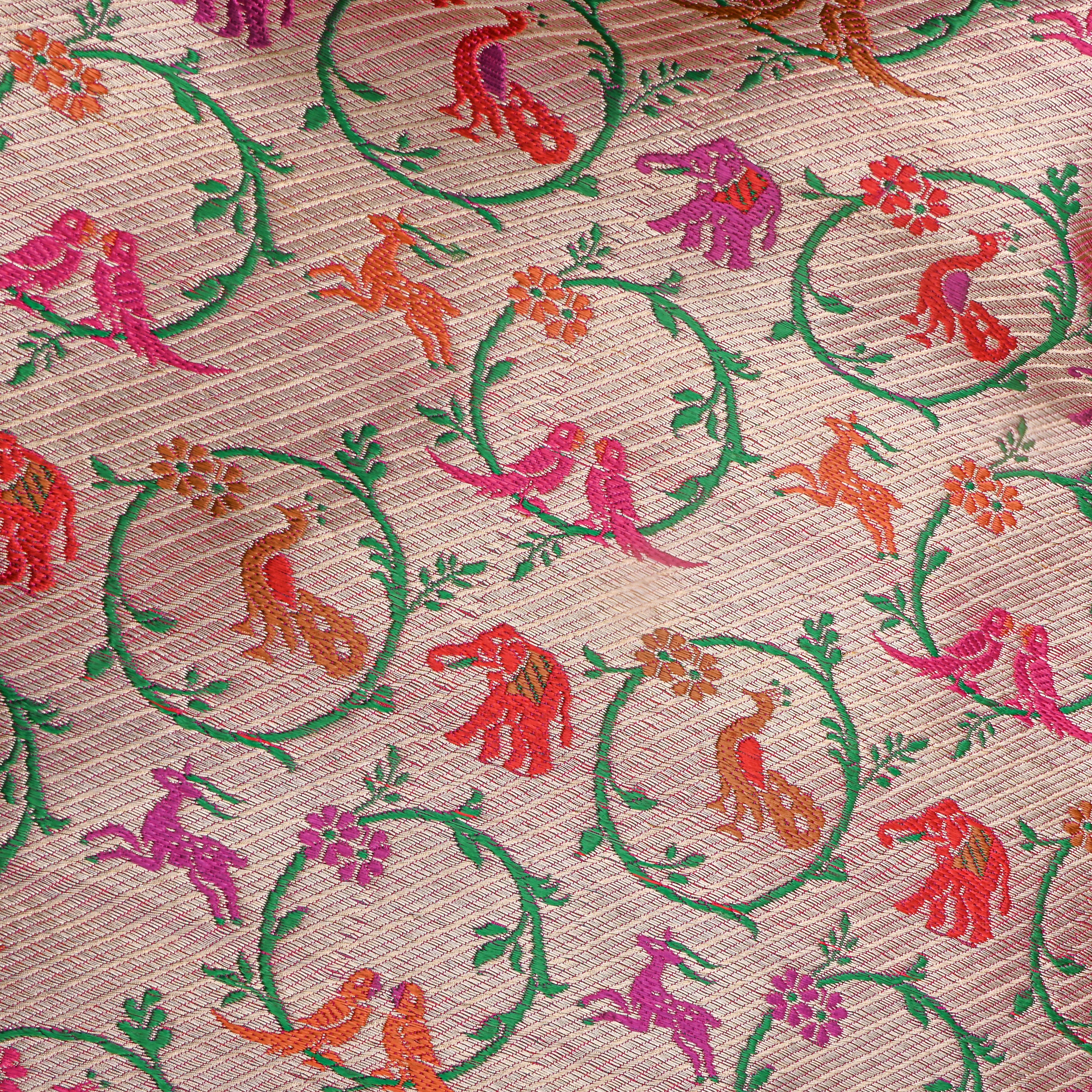 Pink Multicolour Animal Motif Jamawar Silk Fabric