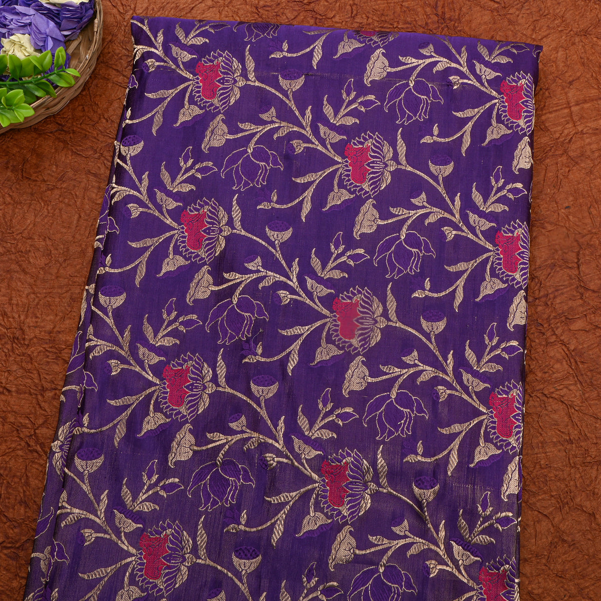 Purple Gold Zari Floral Jaal Woven Jamawar Silk